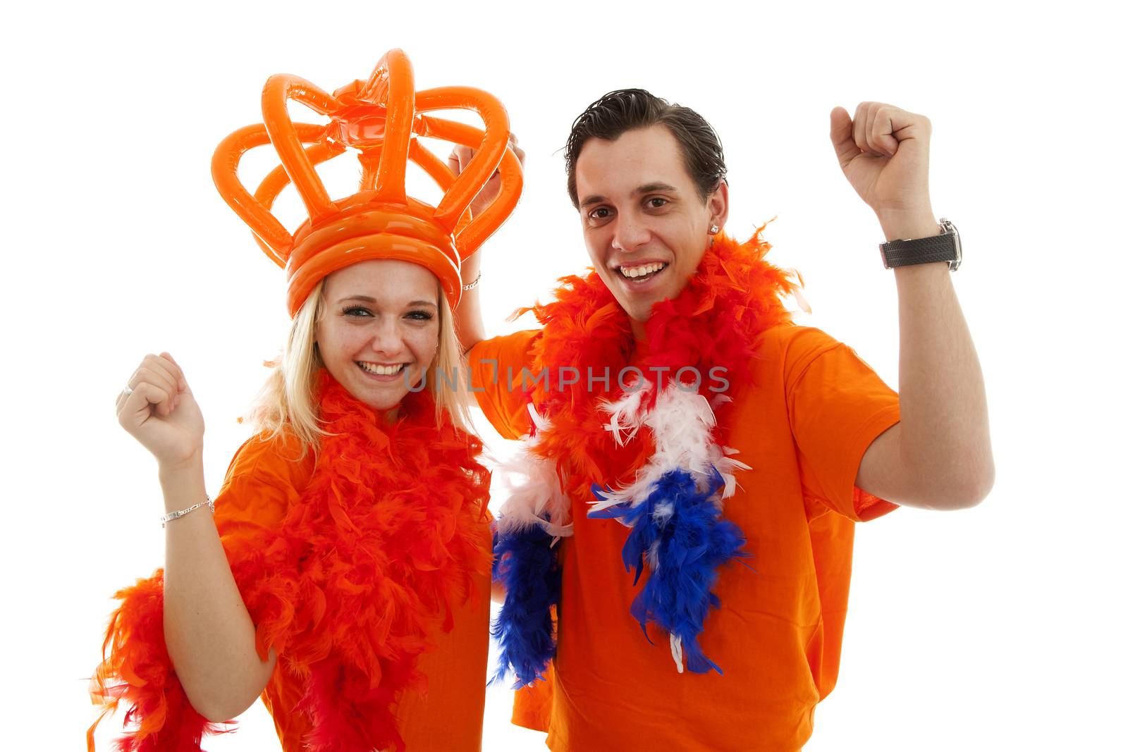 Couple of Dutch soccer supporters cheer over white background