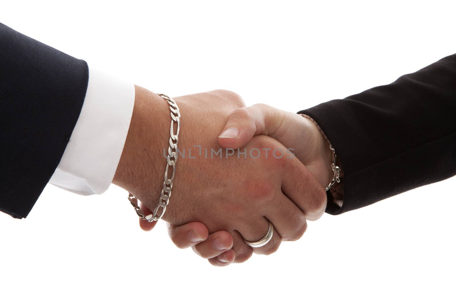 Two persons shaking hands in closeup over white background