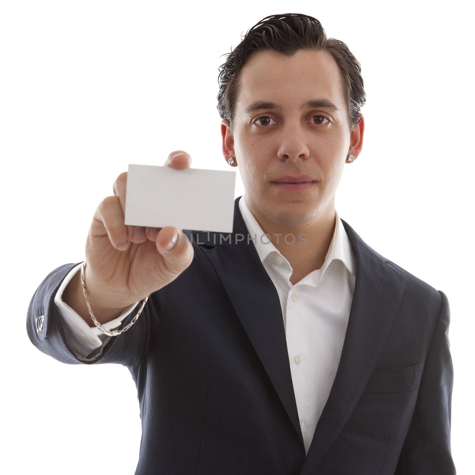 young business man is holding empty card for your own text over white background