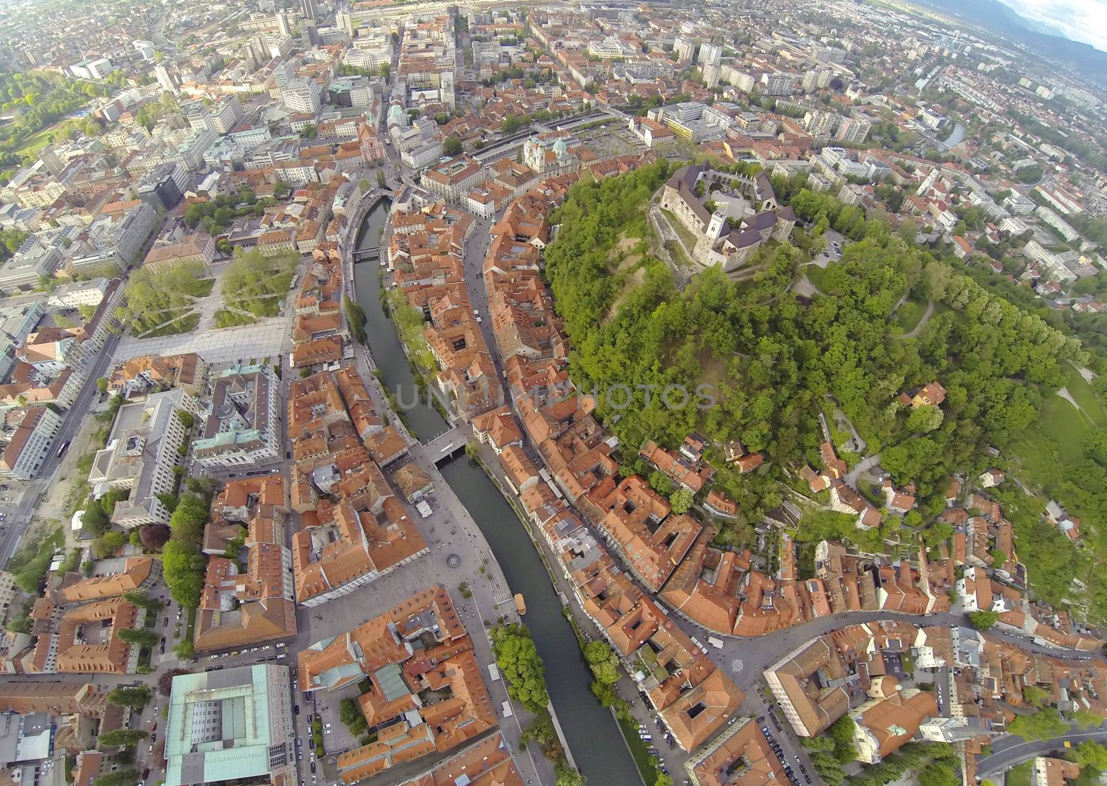 Areal photo of Ljubljana, capital of Slovenia. View from above on the historic centre of the city.
