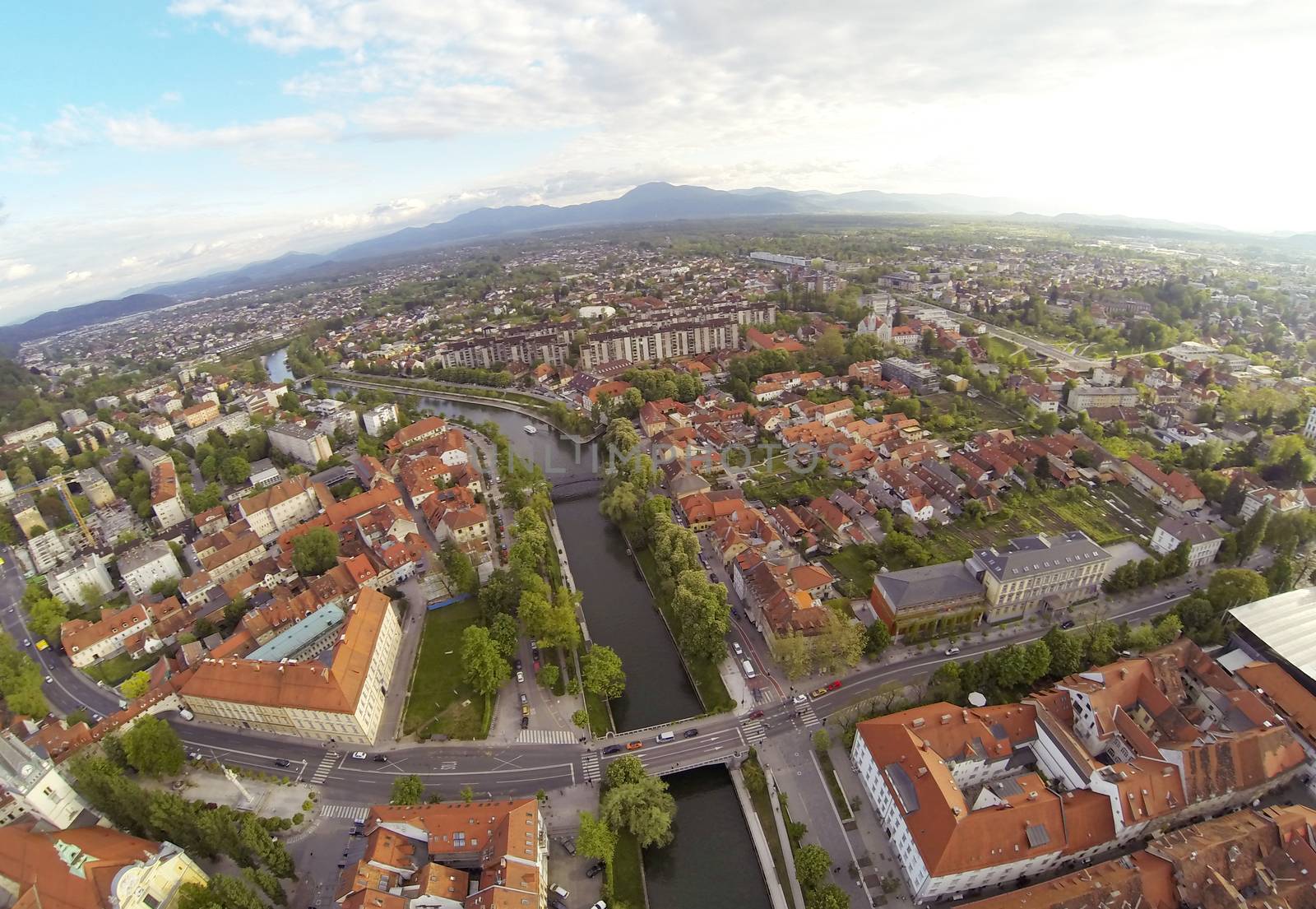 Areal photo of Ljubljana, capital of Slovenia. View from above on the historic centre of the city.