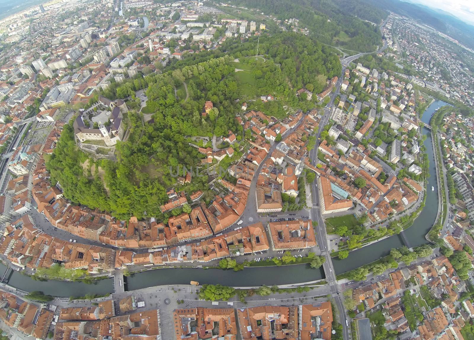 Areal photo of Ljubljana, capital of Slovenia. View from above on the historic centre of the city.