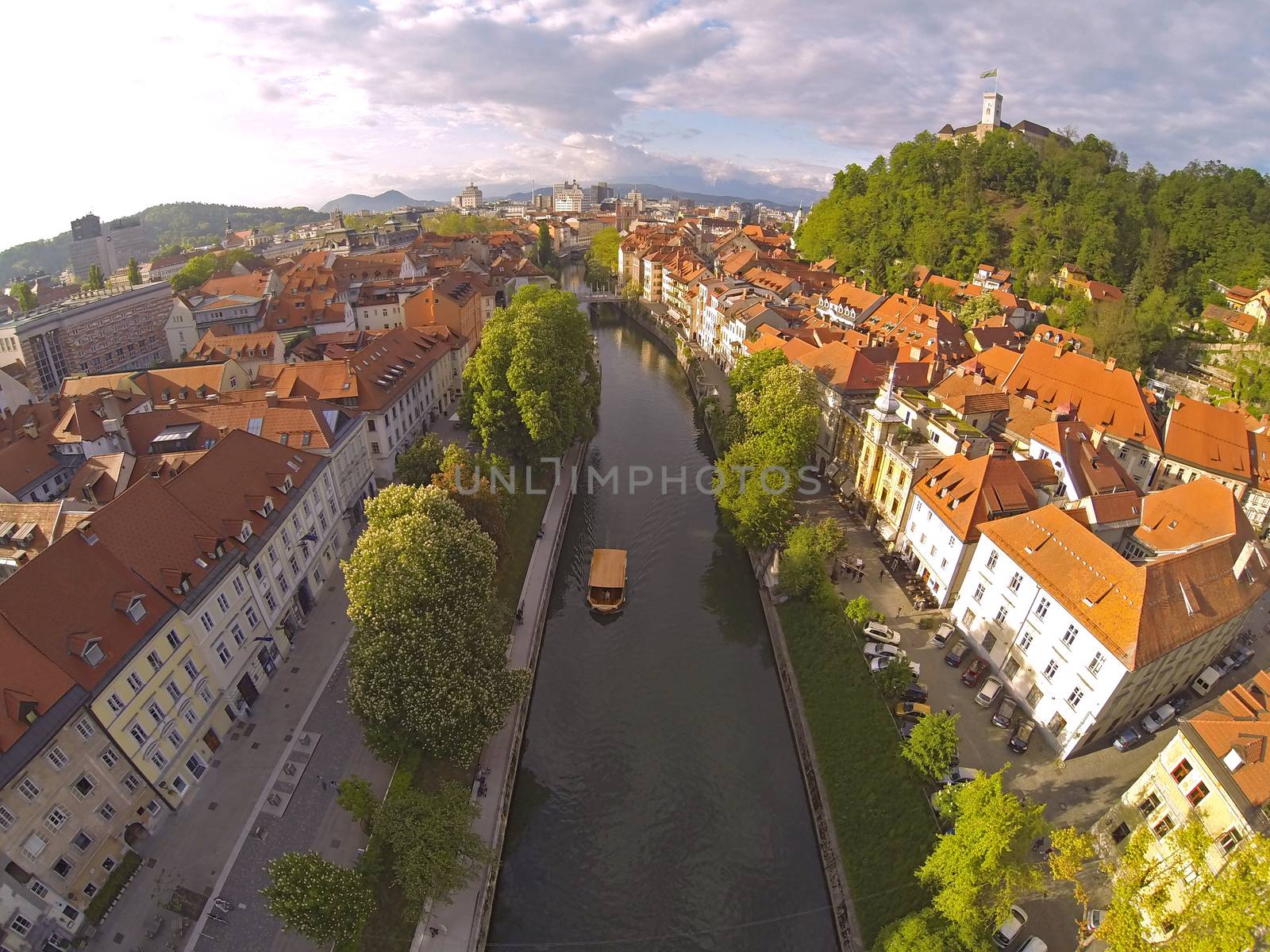 Areal photo of Ljubljana, capital of Slovenia. View from above on the historic centre of the city.