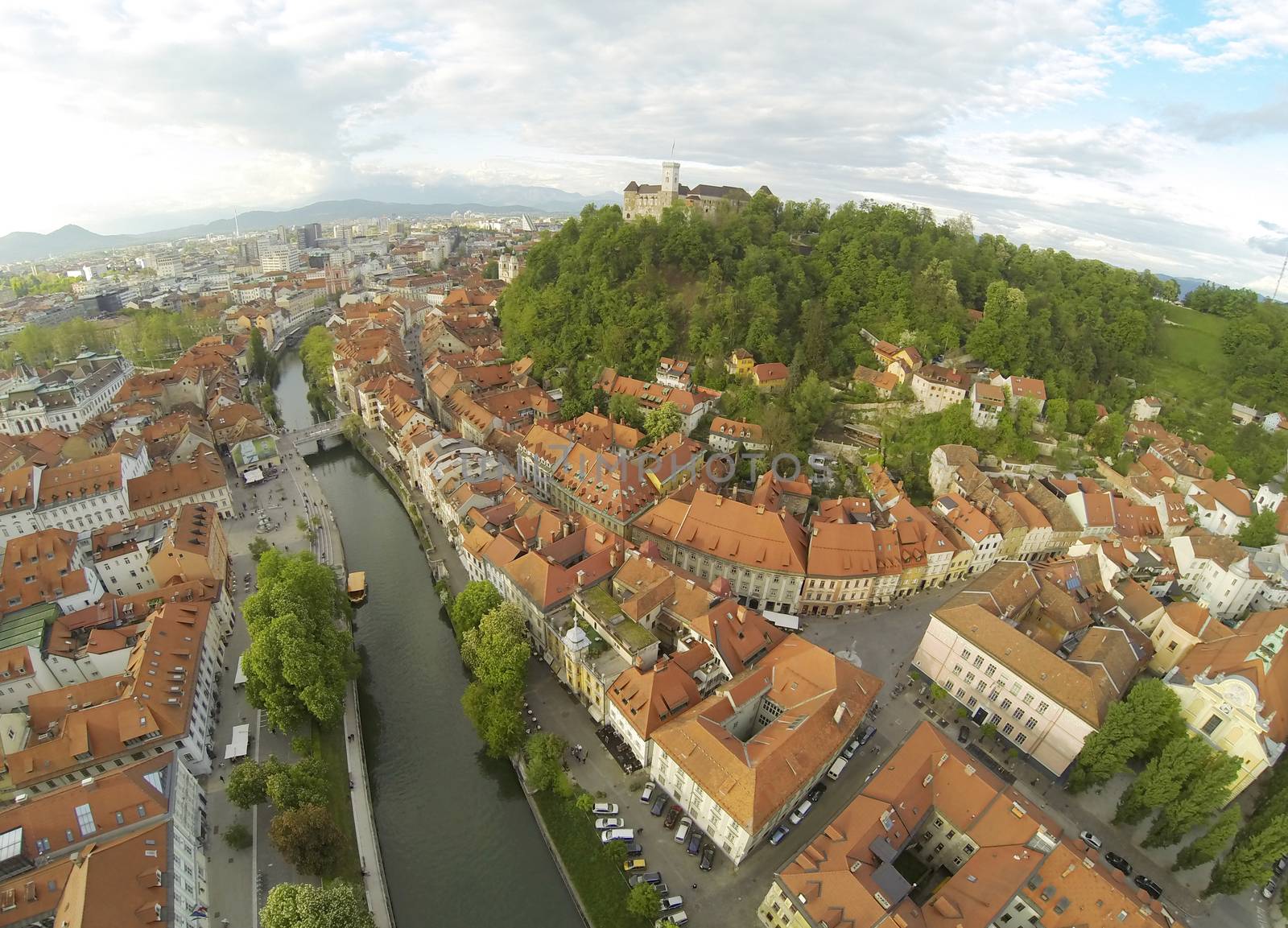 Areal photo of Ljubljana, capital of Slovenia. View from above on the historic centre of the city.