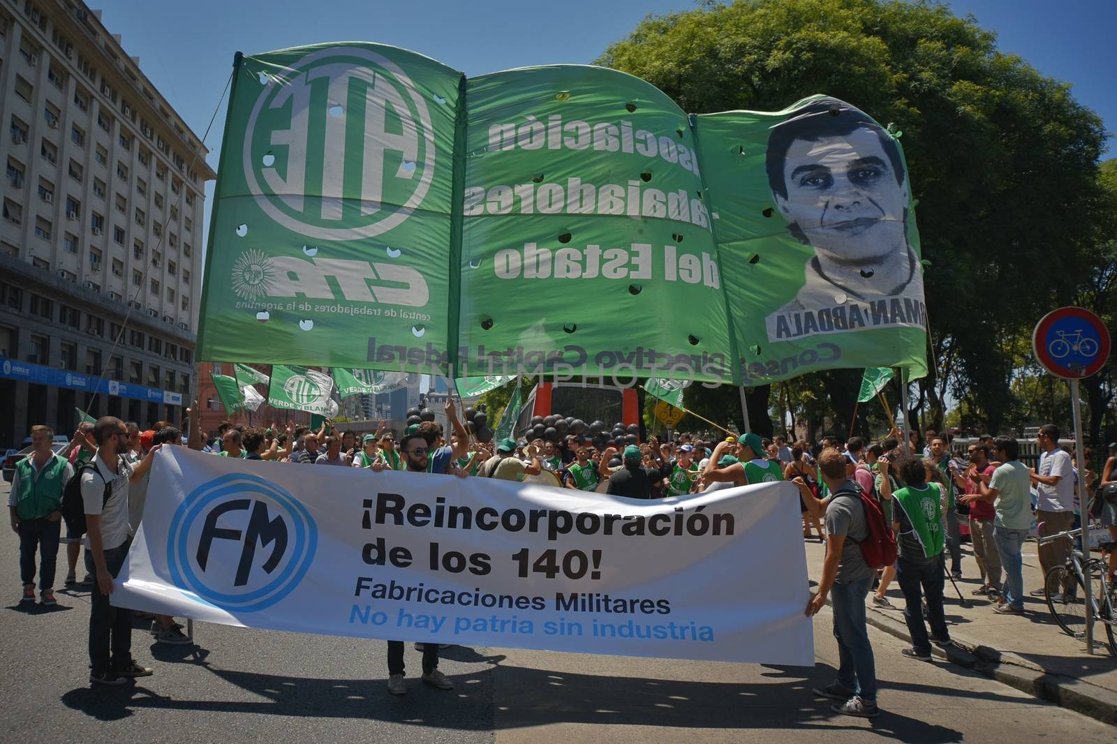 ARGENTINA, Buenos Aires: Demonstrators march in Buenos Aires, on February 1, 2016, in a show of support with 140 workers who were fired. The march took place near the Ministry of Defense of Argentina and protesters called for the workers to get their jobs back.