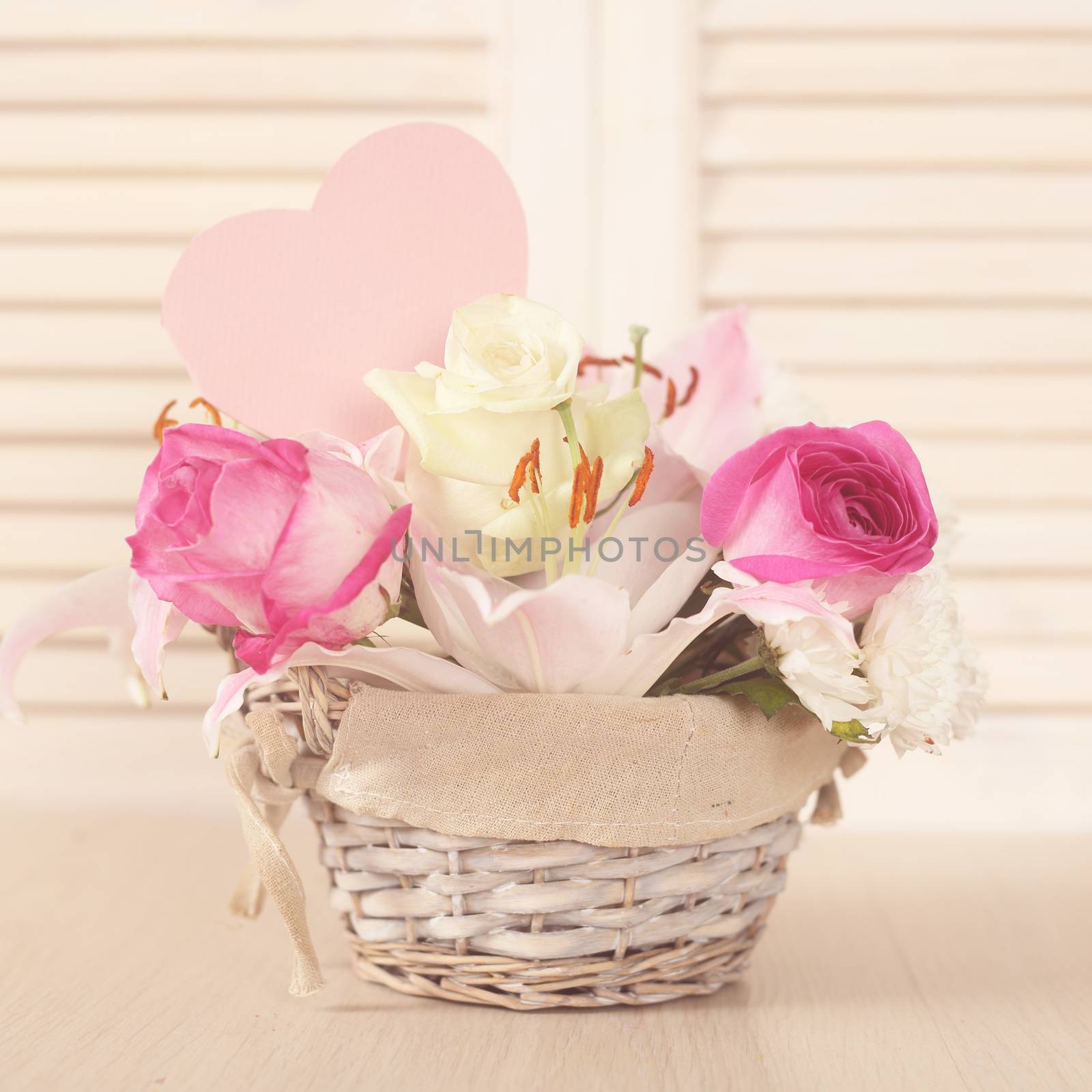 Beautiful flower composition in basket, Valentines day gift