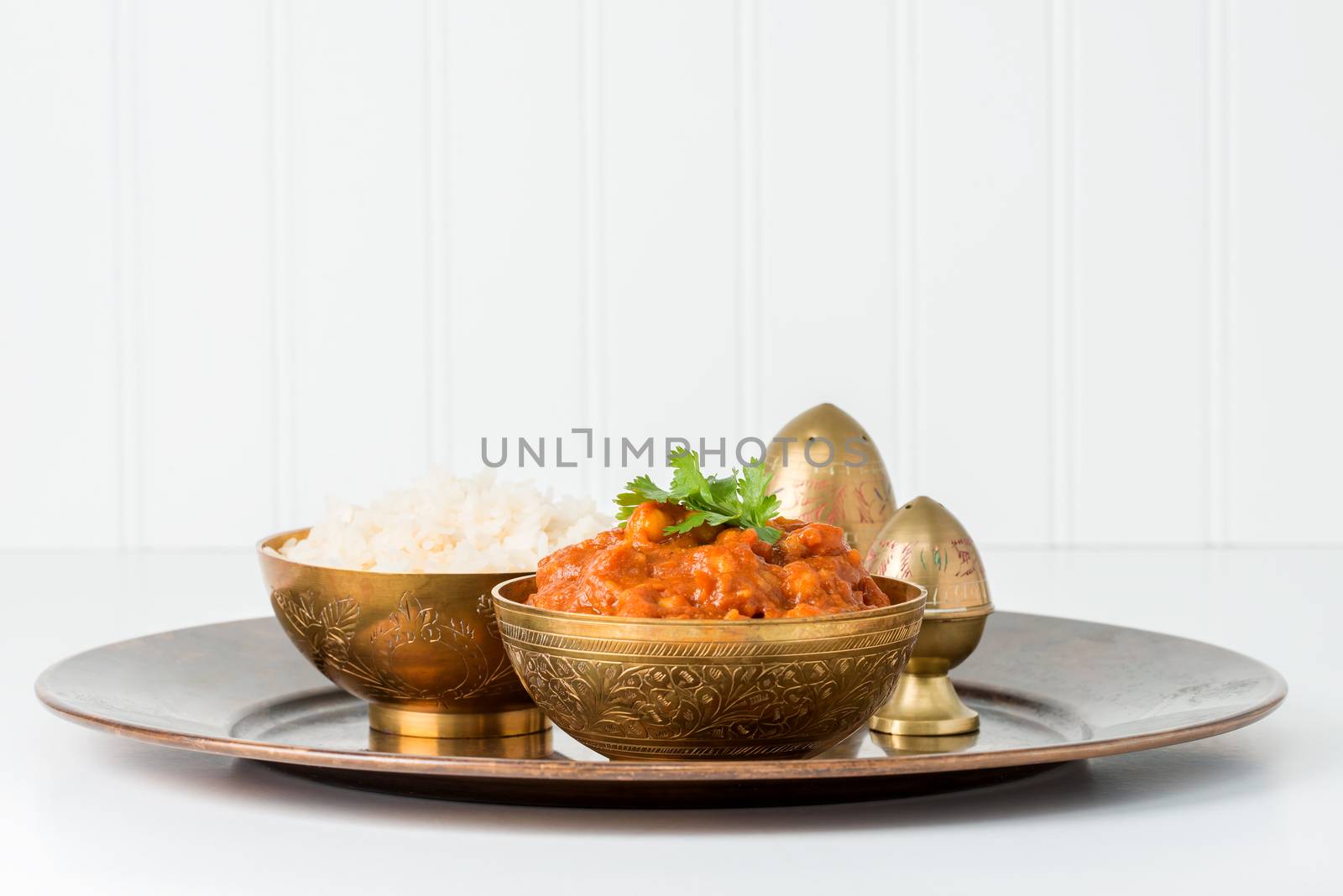 East Indian chana masala served with white rice.