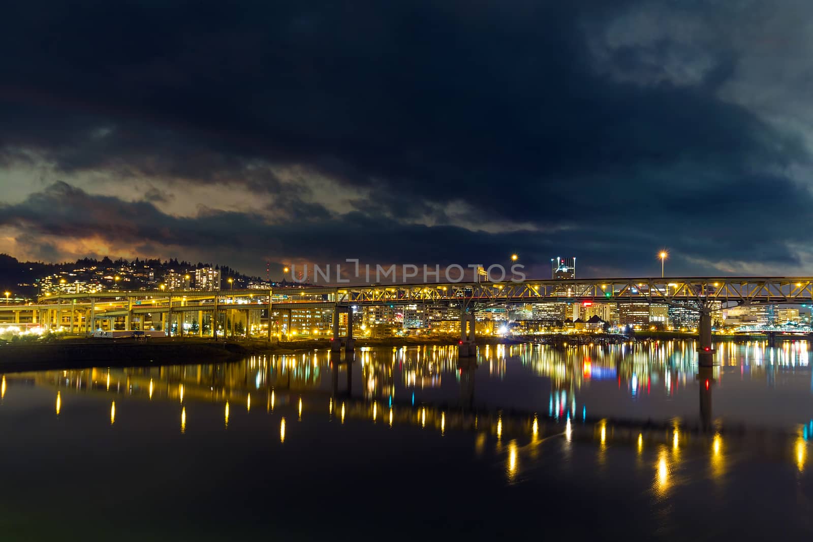 Marquam Bridge over Willamette River Reflection in Portland Oregon at Night