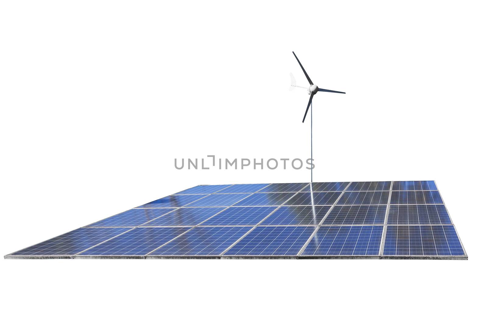 Solar cell Panels and wind turbine, produce power, green energy concept, isolated on white background