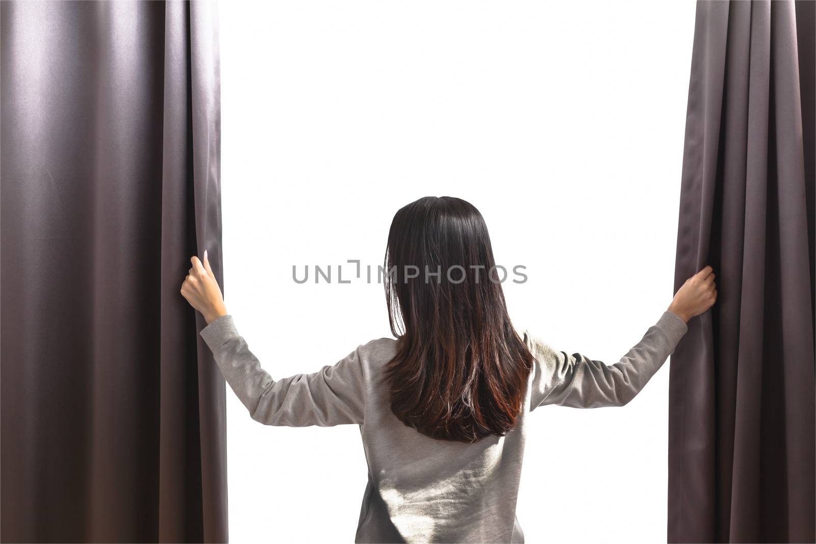 Asian portrait beautiful woman opening curtains on white background
