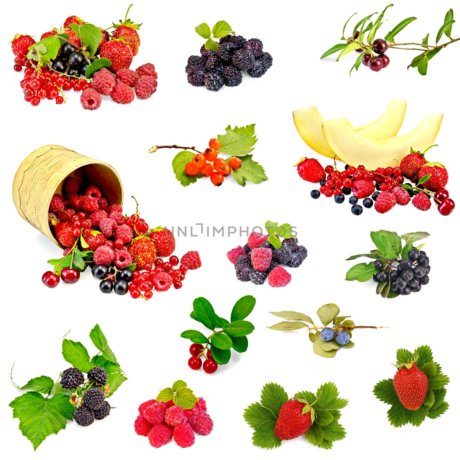 Set photos of raspberries, strawberries, blackberries, cranberries, hawthorn, cherry, chokeberry, black and red currants isolated on a white background