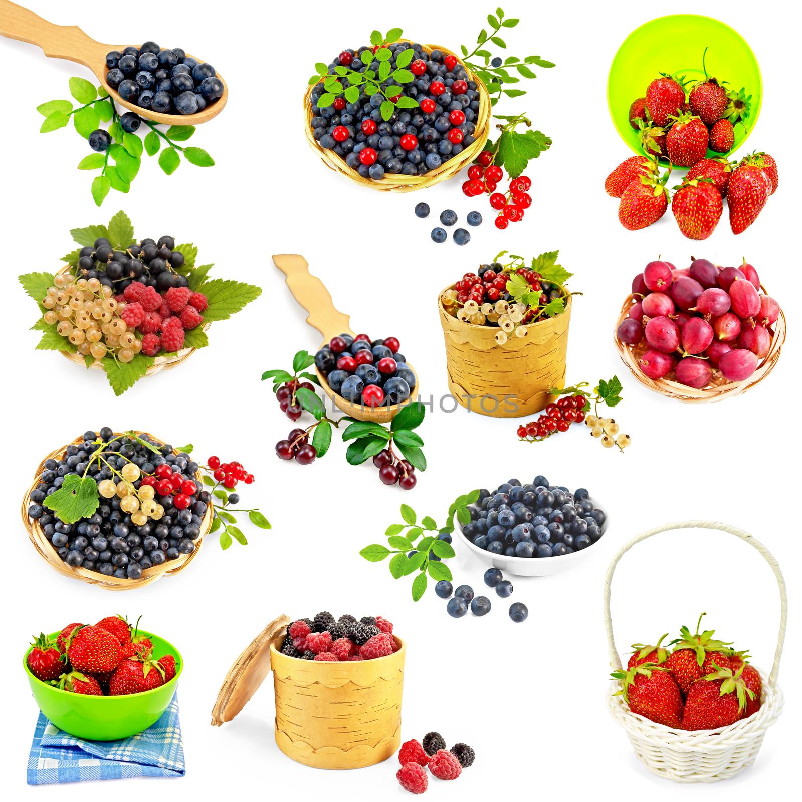A set of photos of strawberries, cranberries, raspberries, blackberries, blueberries, white, black and red currants, gooseberries isolated on a white background