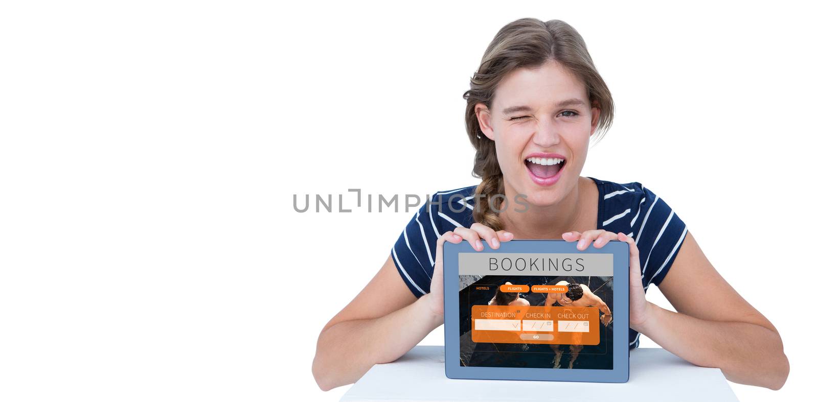Woman showing tablet pc  against holidays booking app