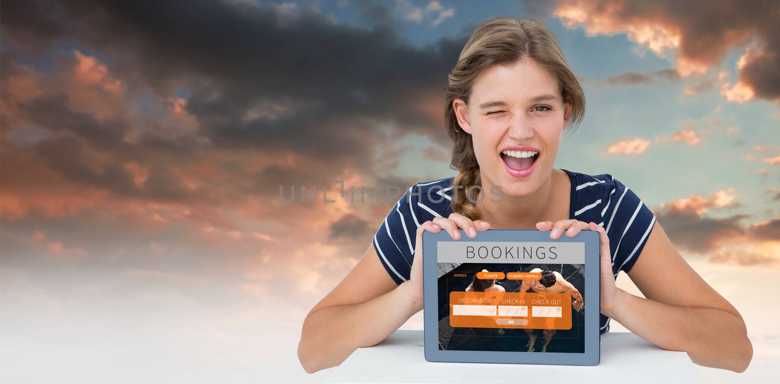 Composite image of woman showing tablet pc  by Wavebreakmedia