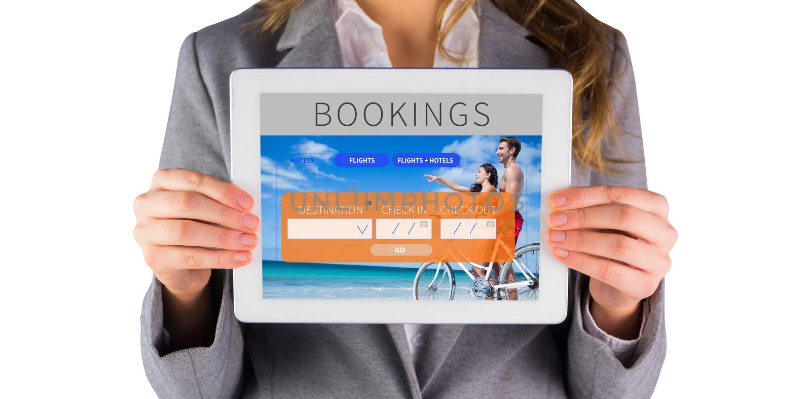 Businesswoman showing tablet against holidays booking app