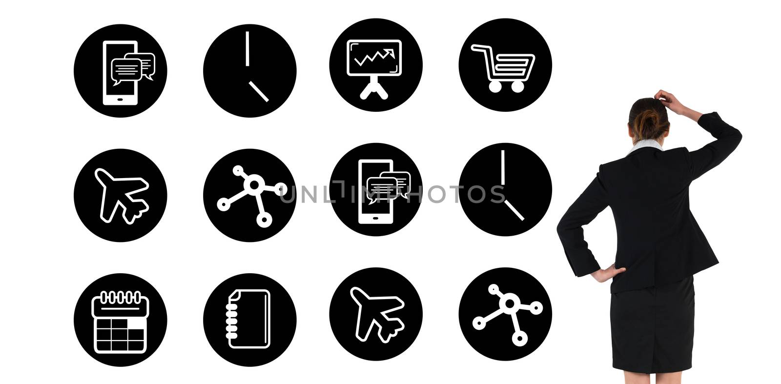 Young businesswoman standing and thinking against telephone apps icons 