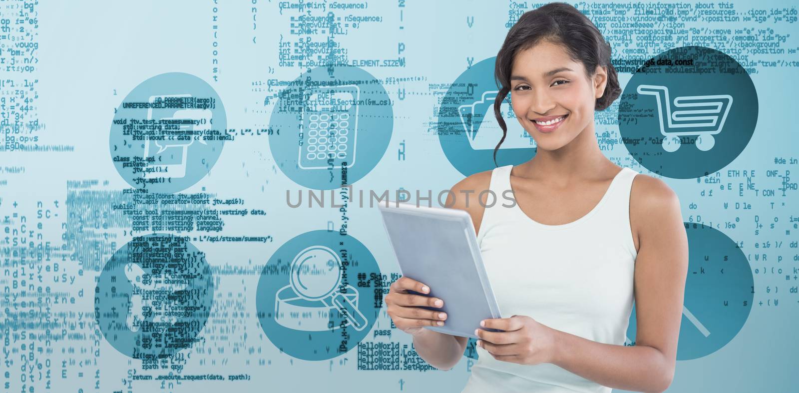 Composite image of portrait of smiling businesswoman using tablet computer by Wavebreakmedia