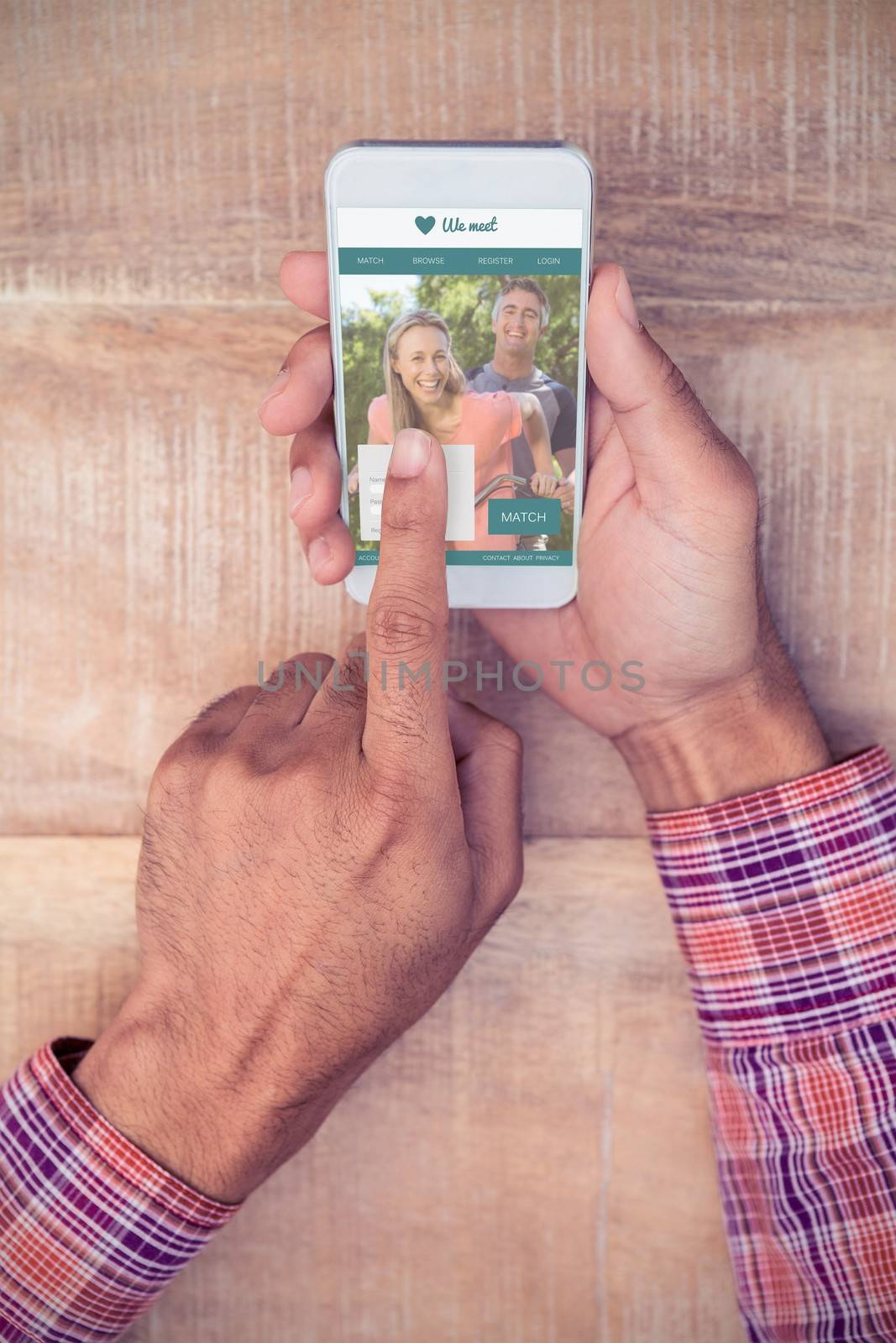 Online dating app against man touching screen of phone