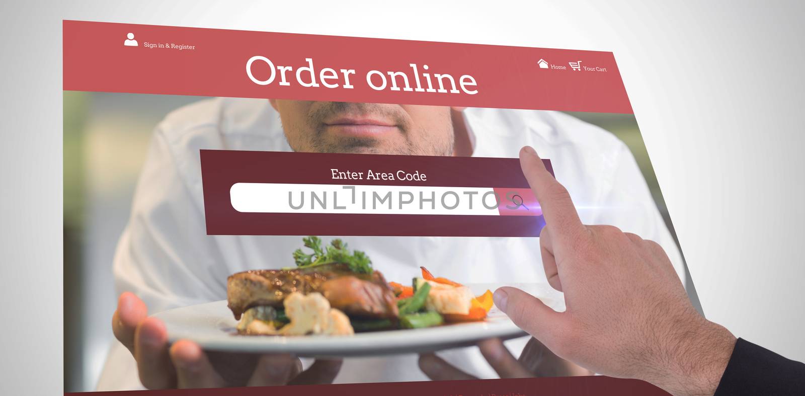 Businessmans hand pointing in suit jacket against food app