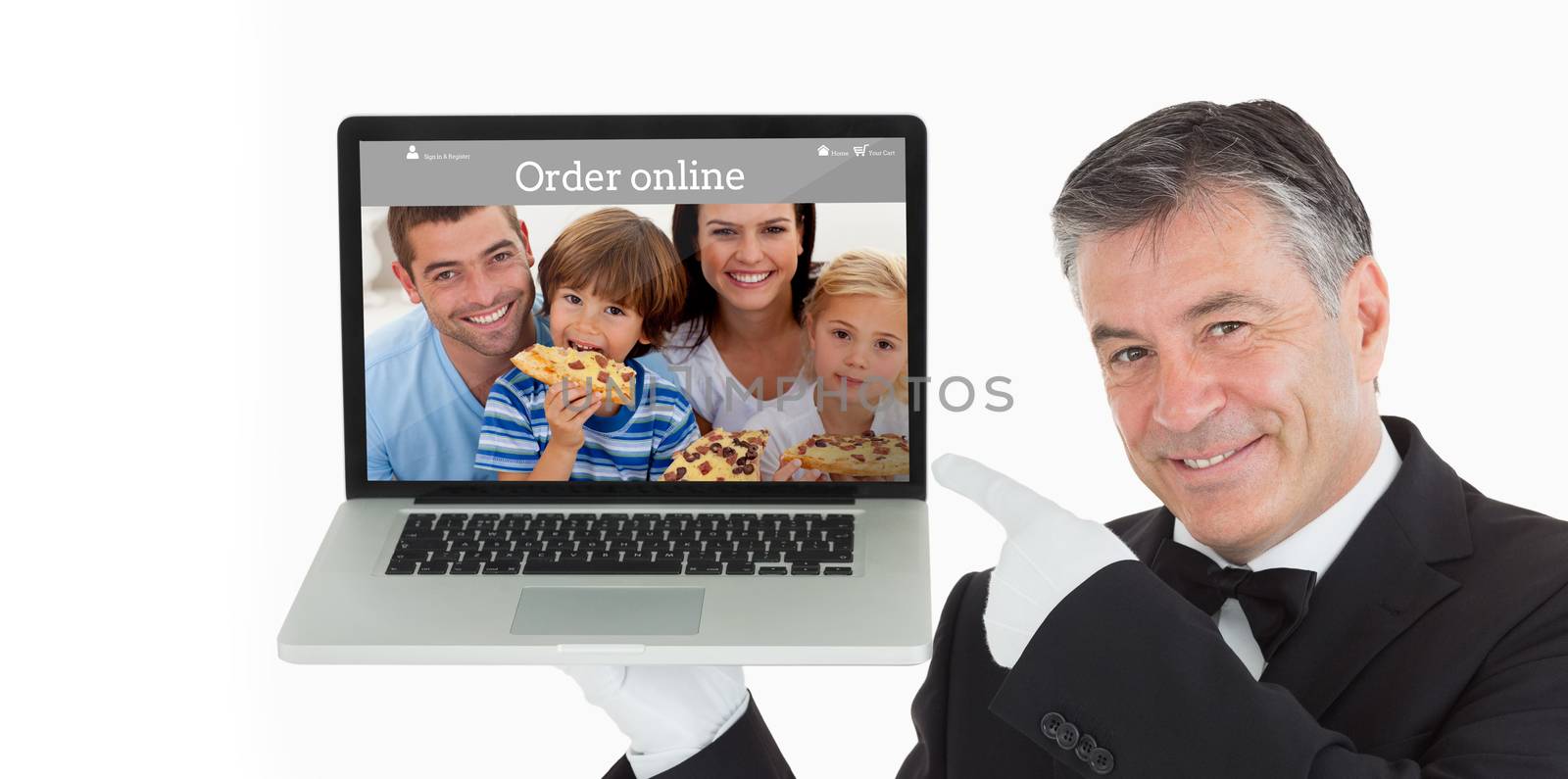 Smiling waiter pointing us something on a laptop against food app