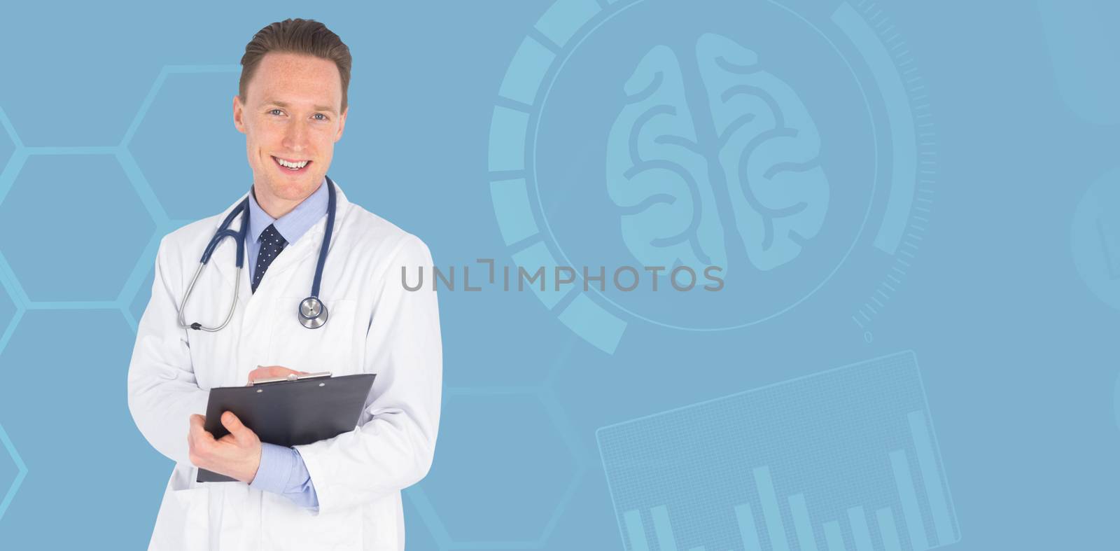 Portrait of smiling male doctor writing on clipboard against blue