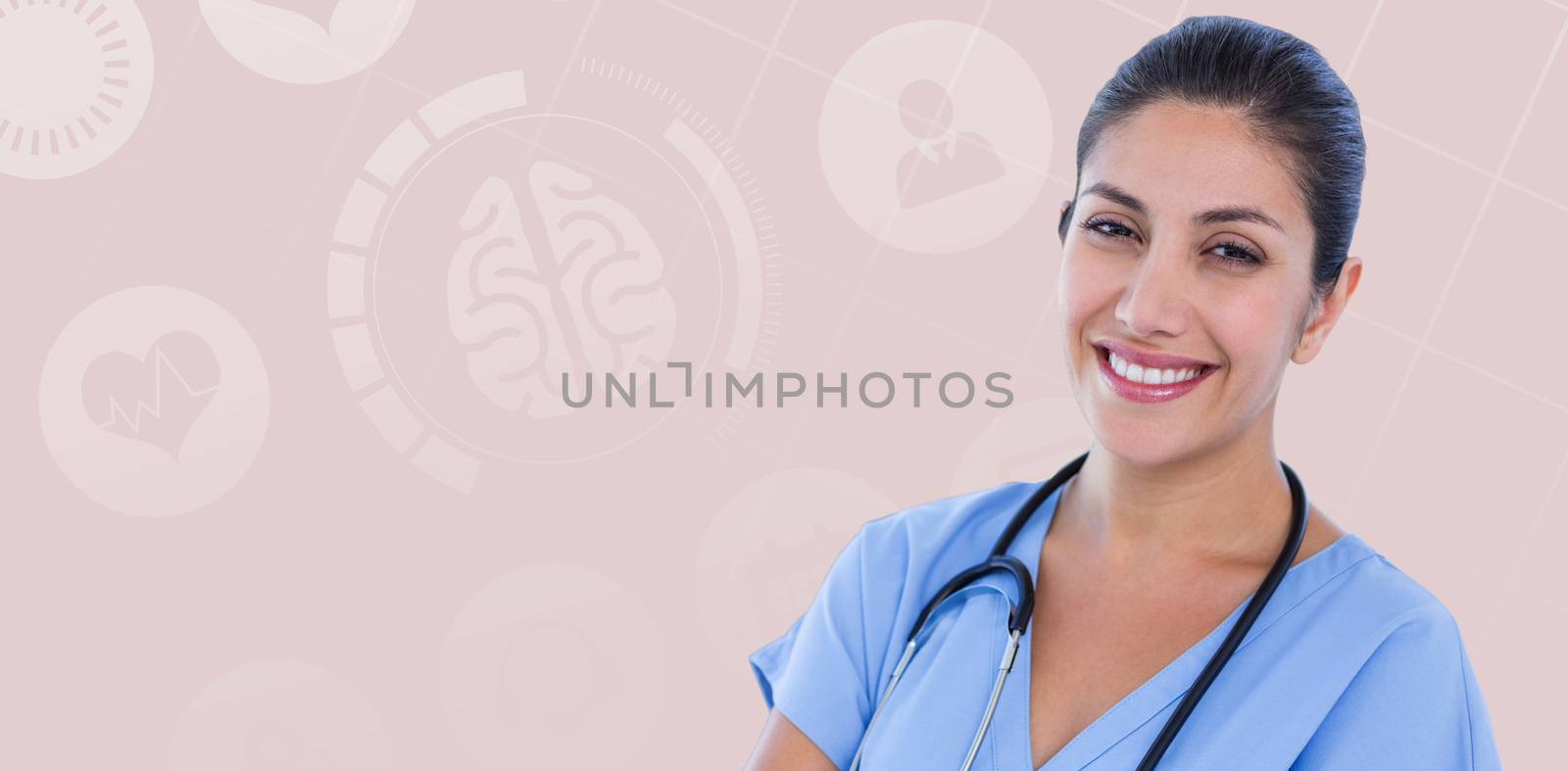 Portrait of beautiful female doctor against pastel blue