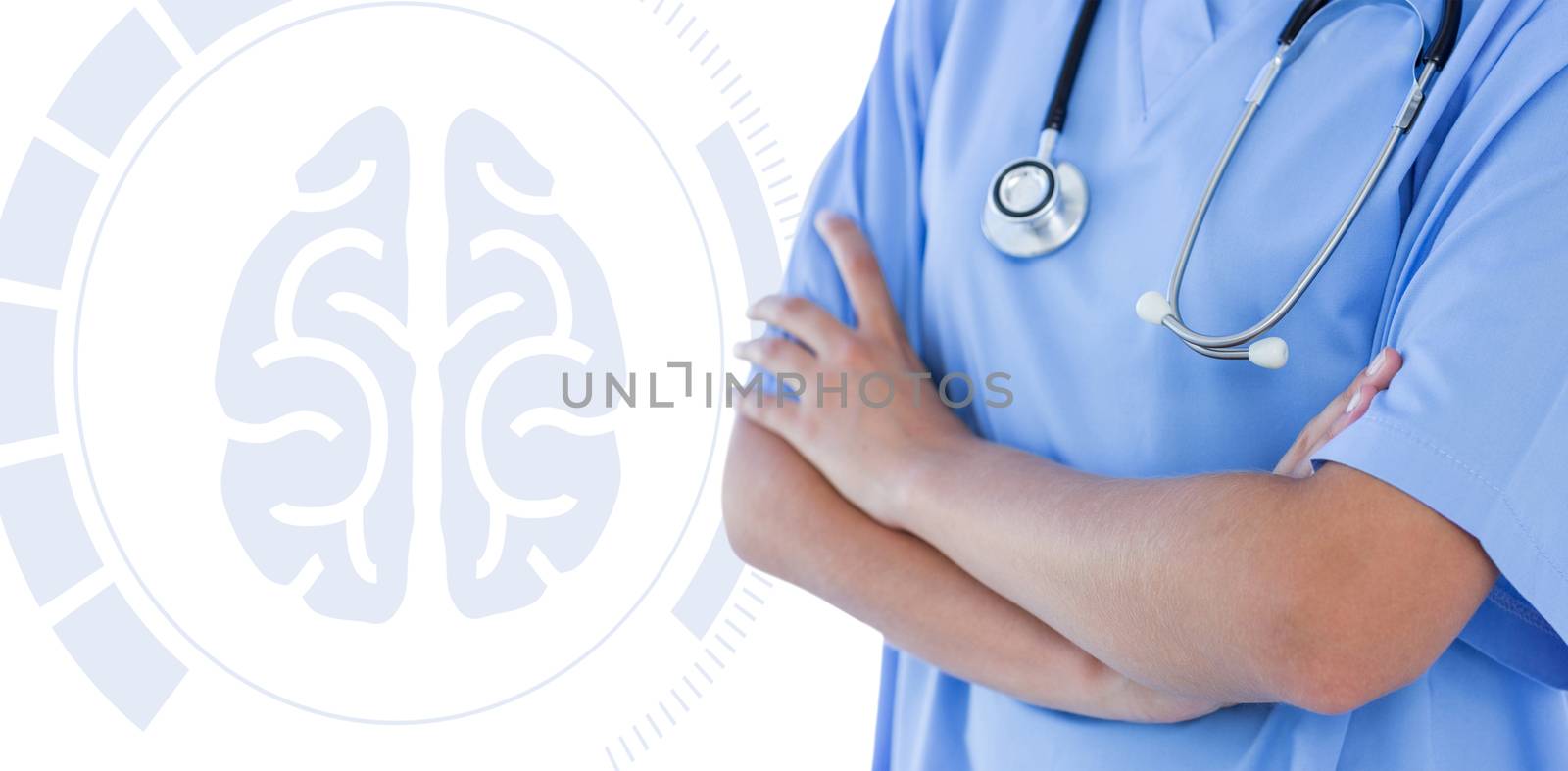 Close-up view of doctor standing with arms crossed  against medical app
