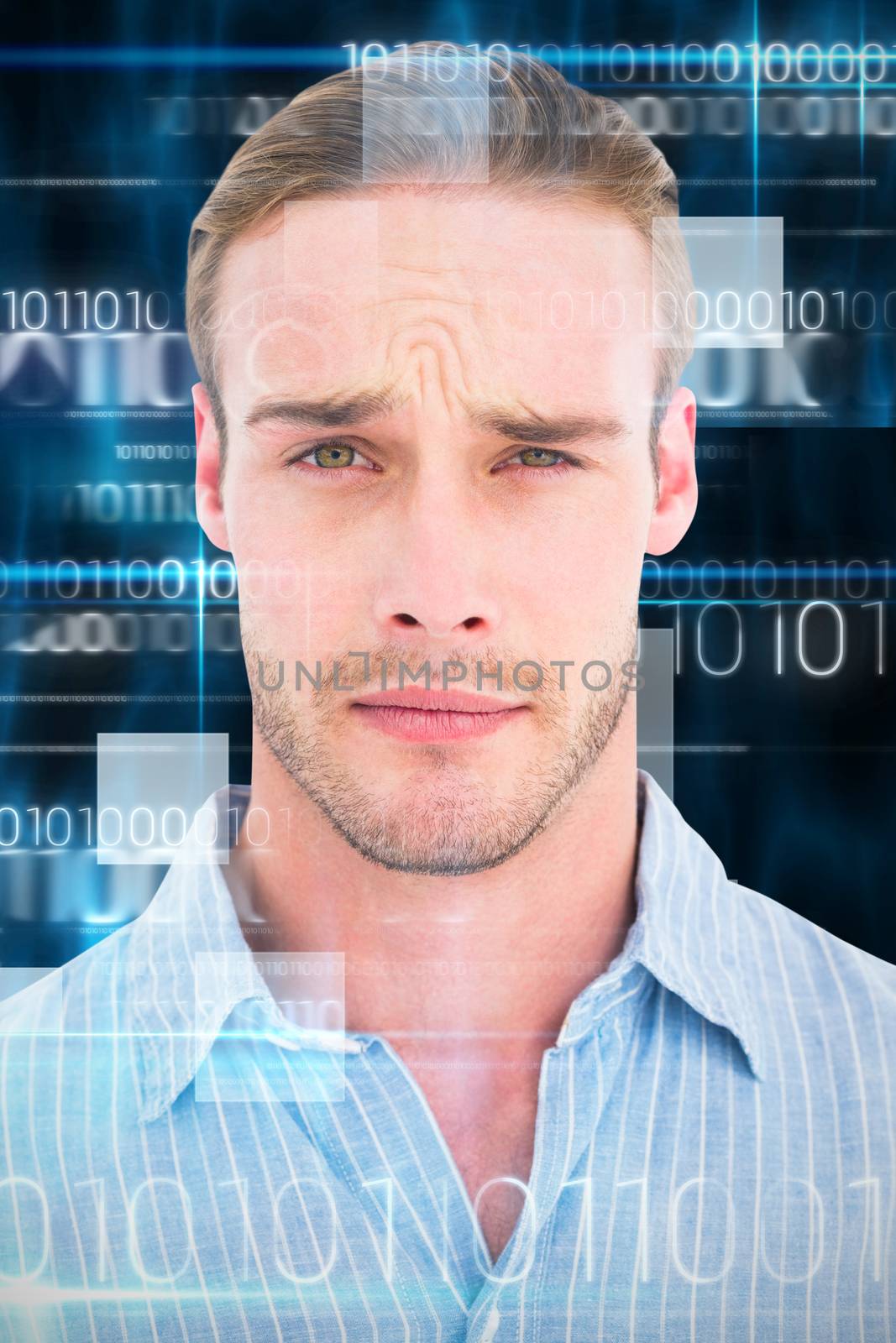 Portrait of doubtful man in shirt against blue technology design with binary code