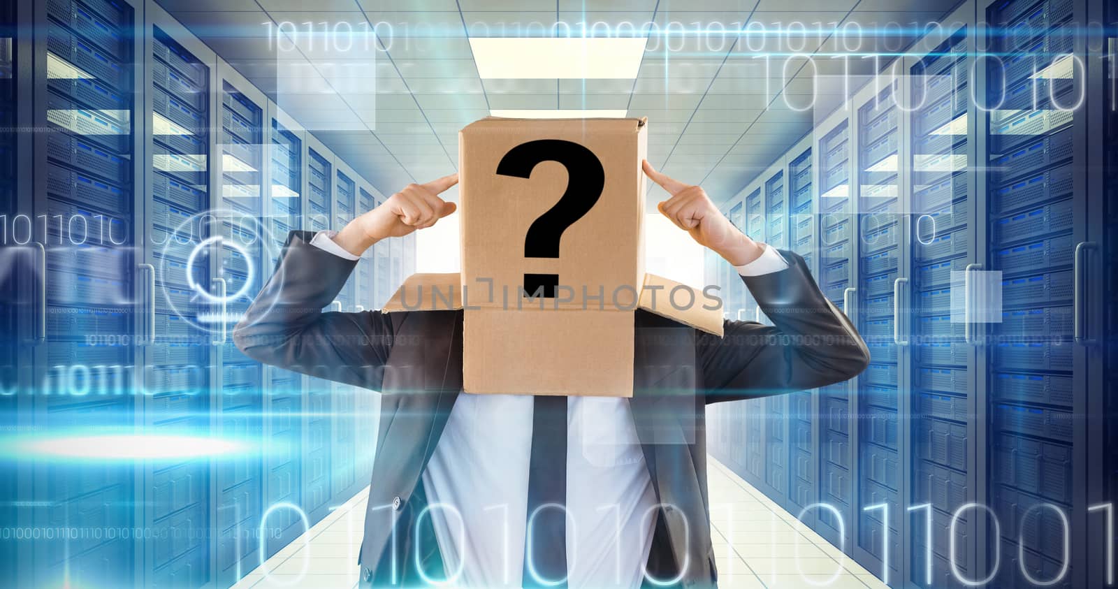 Anonymous businessman pointing to box against blue technology design with binary code