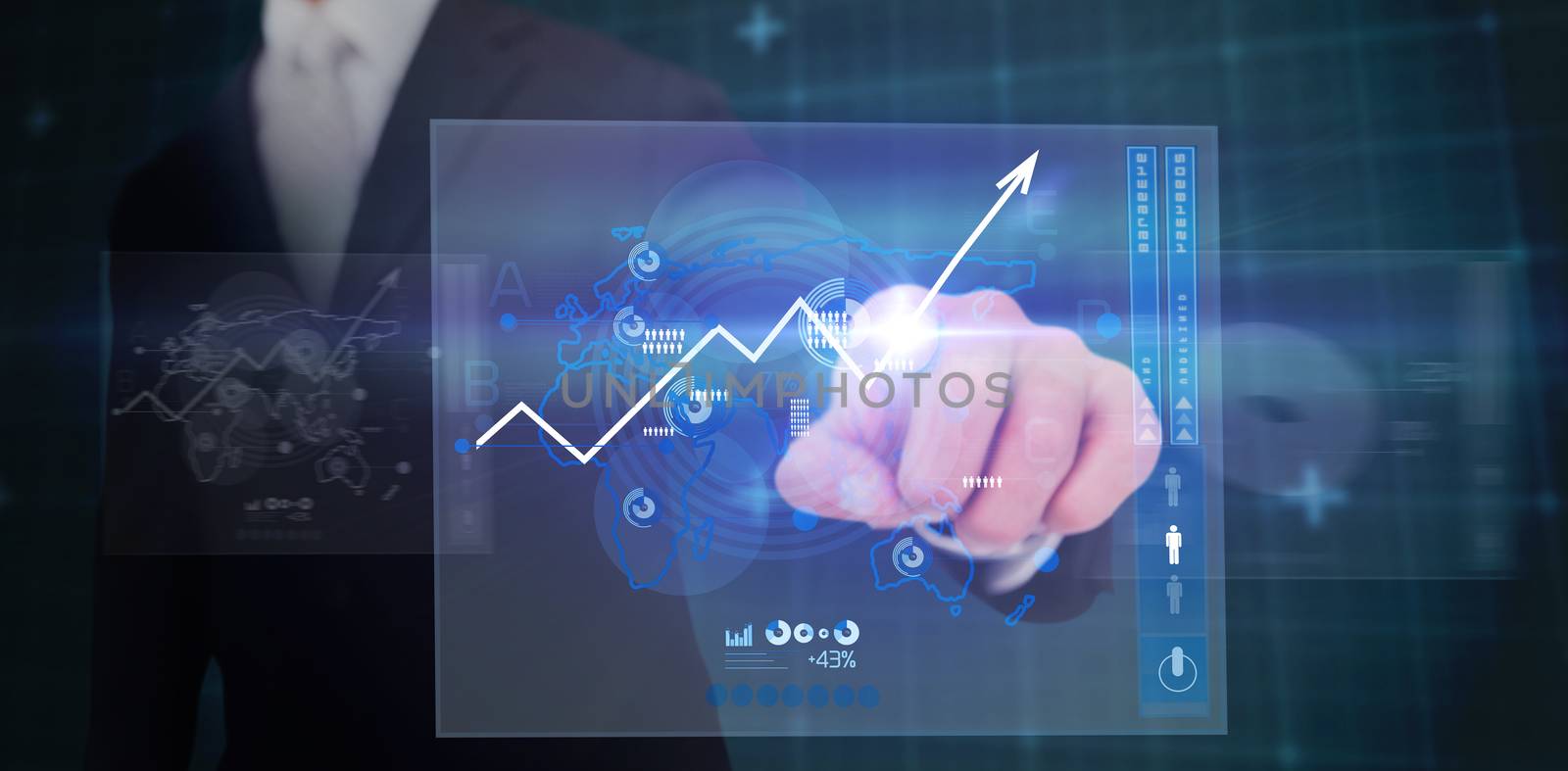 Smiling businessman in suit pointing  against global business interface