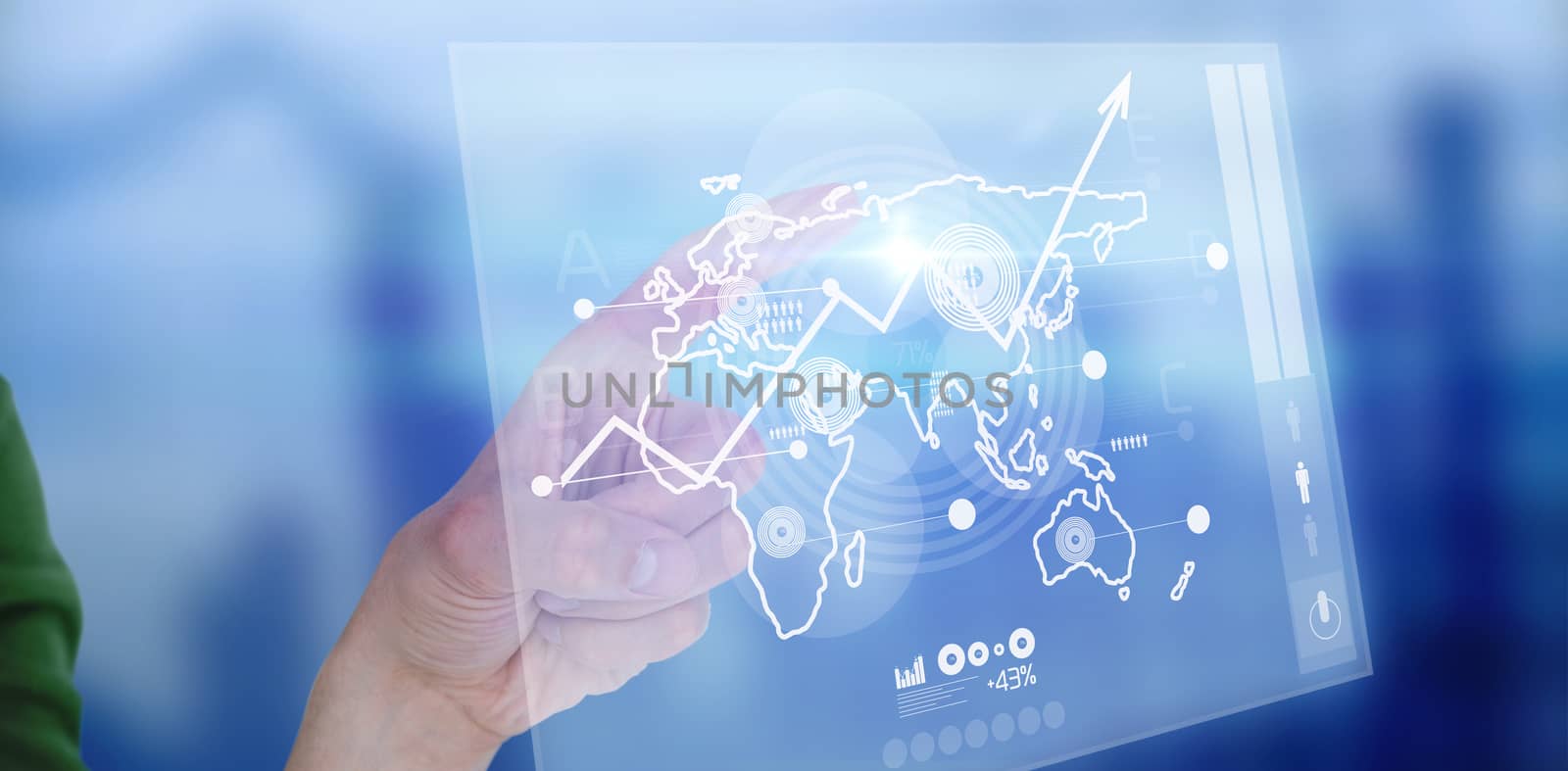 Close up view of man pointing something  against global business interface