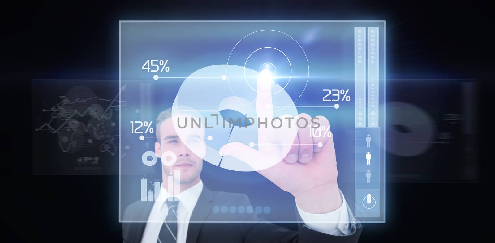 Unsmiling businessman in suit pointing up his finger against global business interface