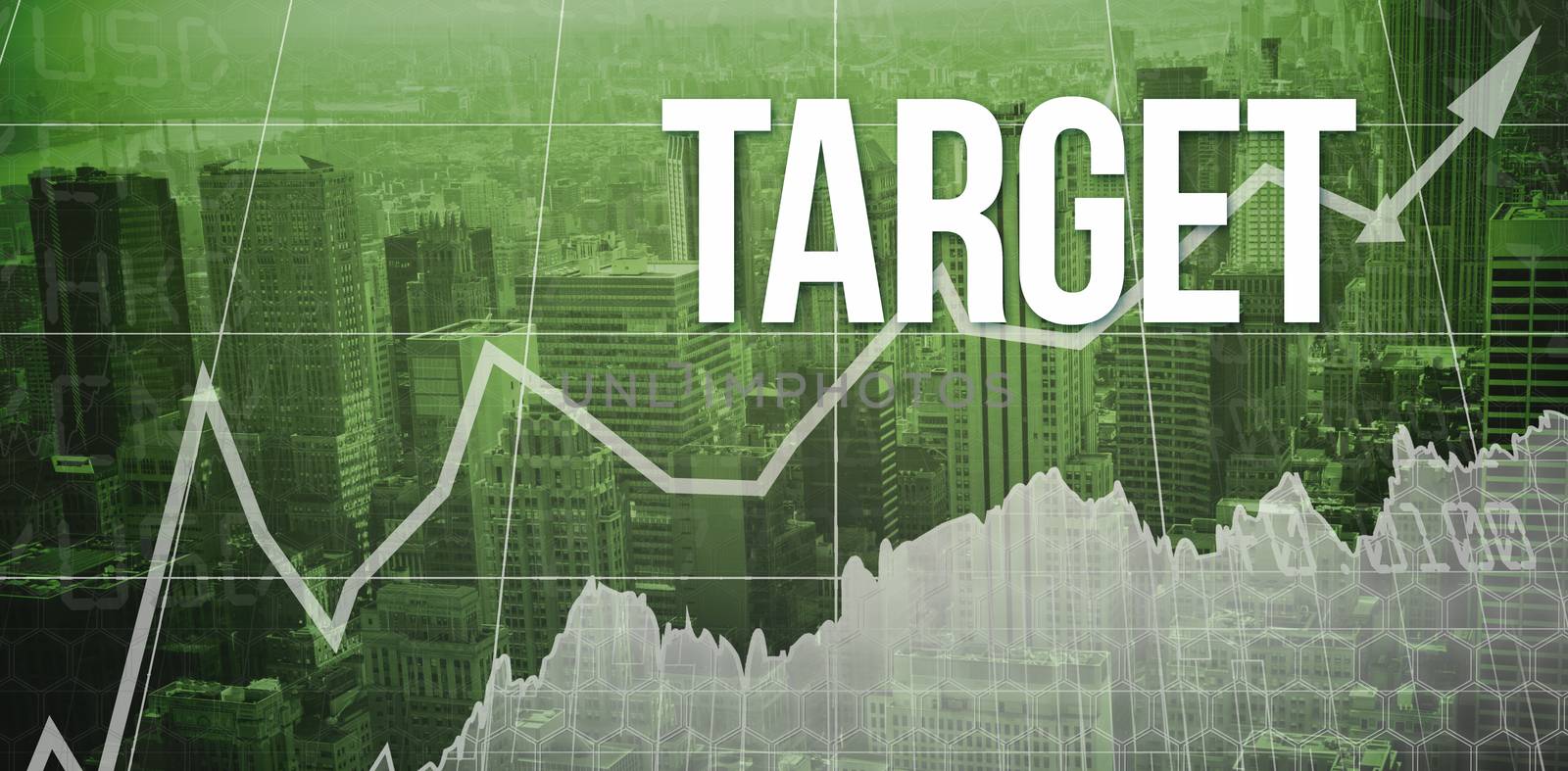 The word target and stocks and shares against view of cityscape