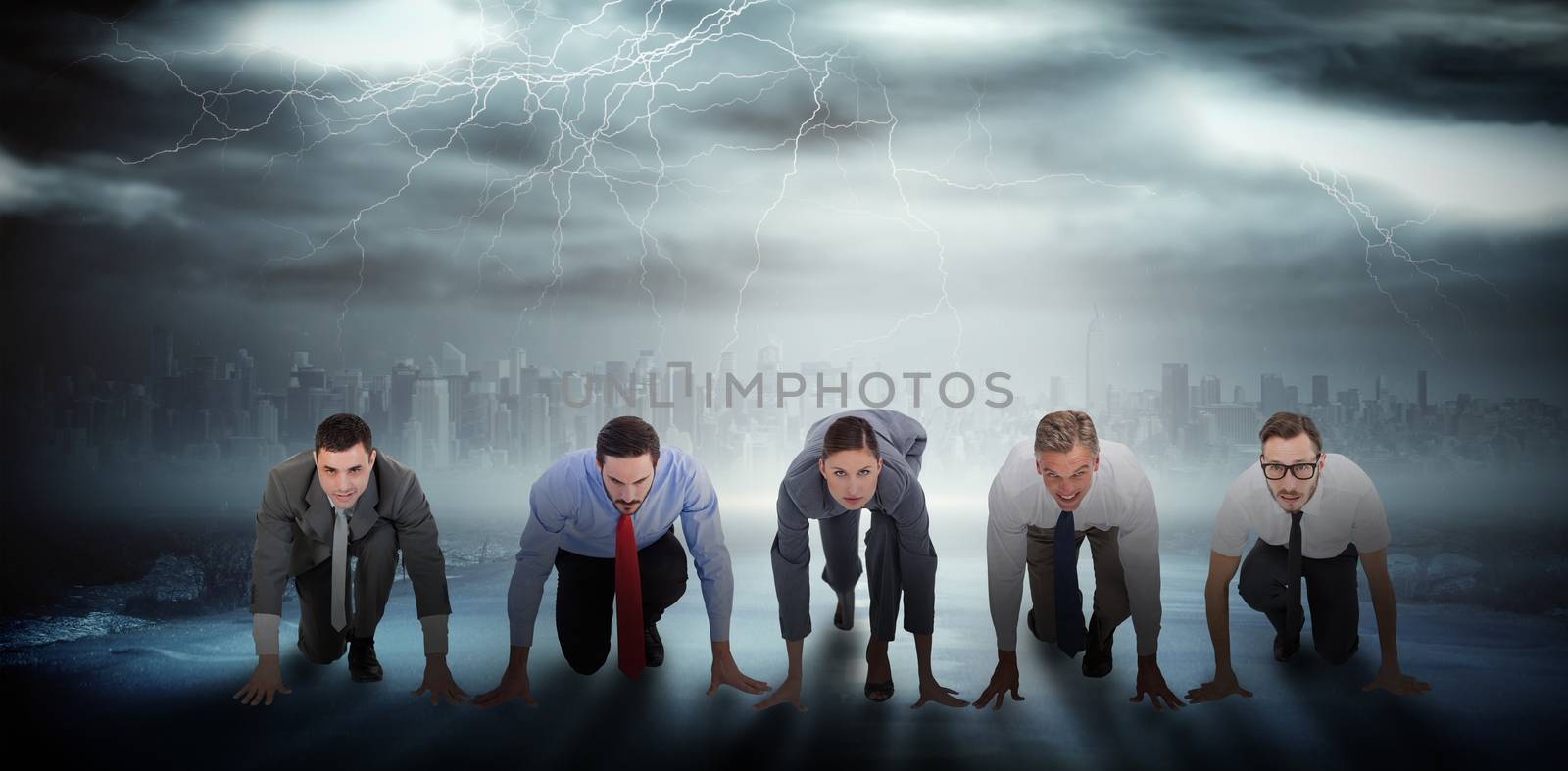 Business people ready to start race against stormy sky with tornado over road