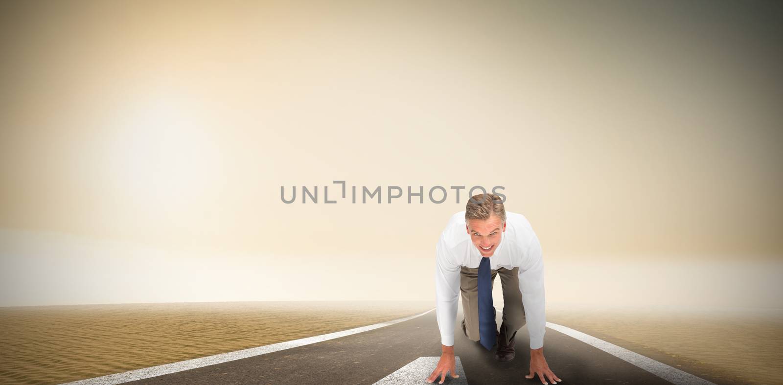 Business people ready to start race against green road landscape