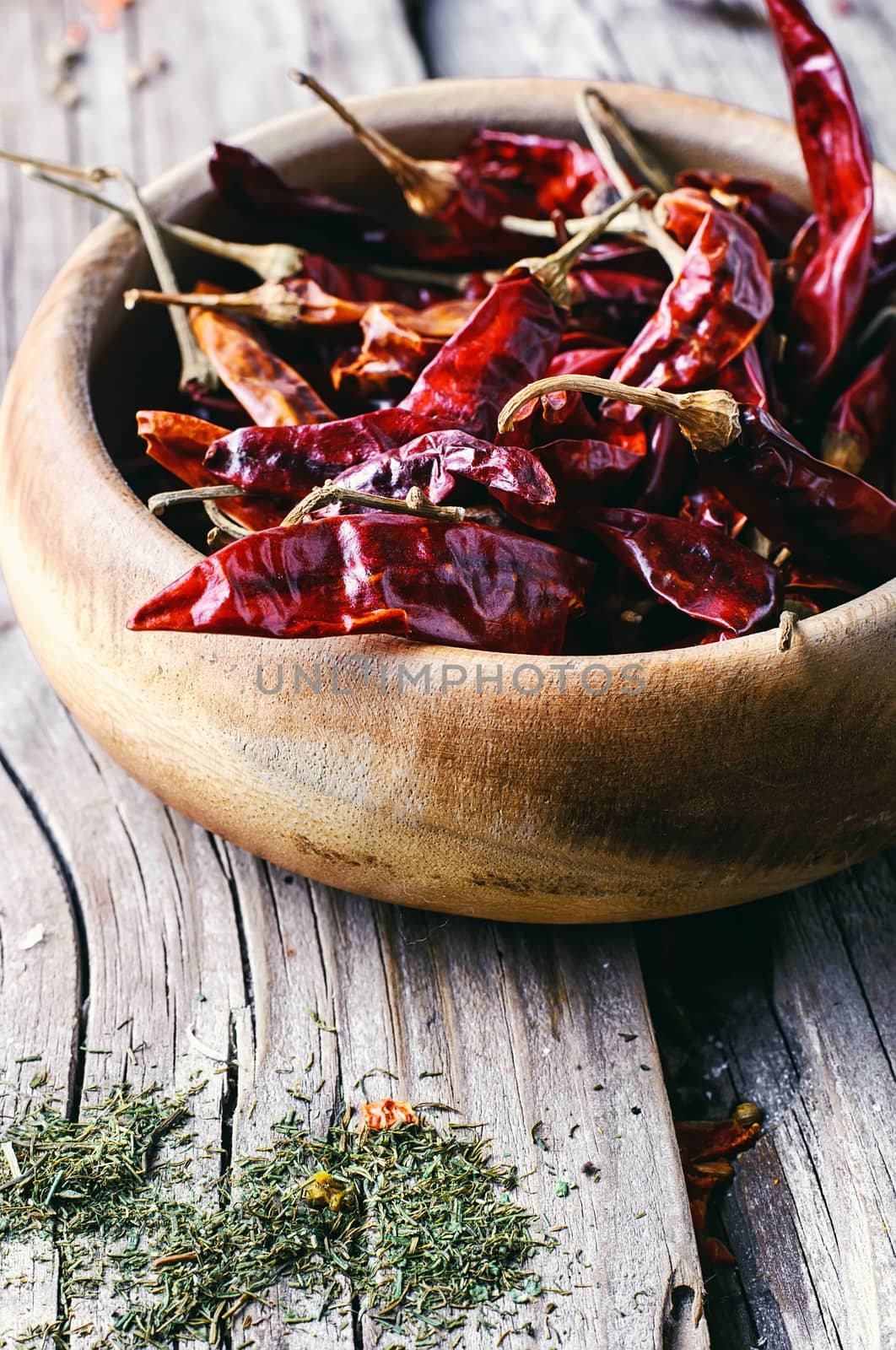 Still life with dried peppers and assorted spices