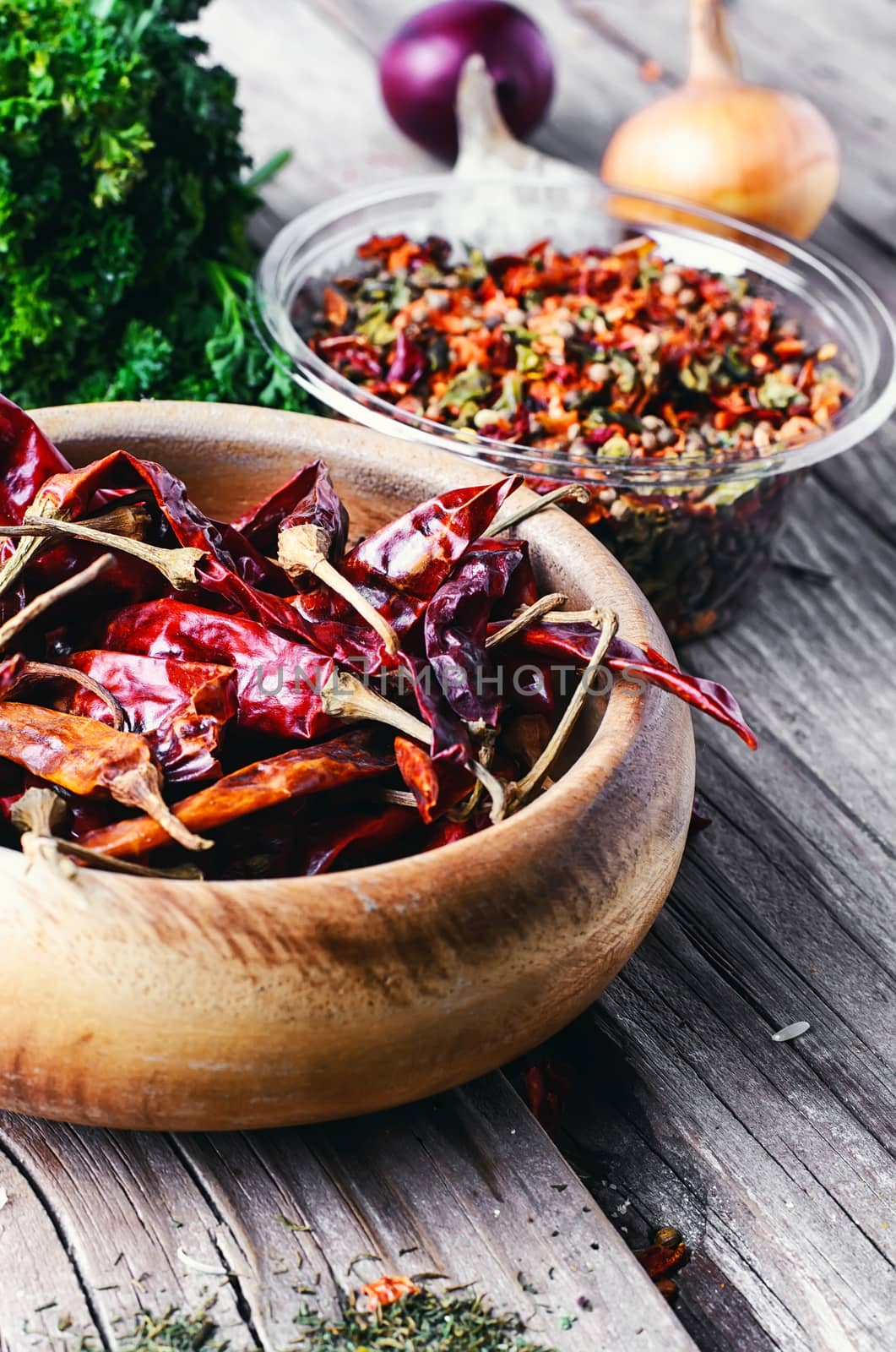 Still life with dried peppers and assorted spices