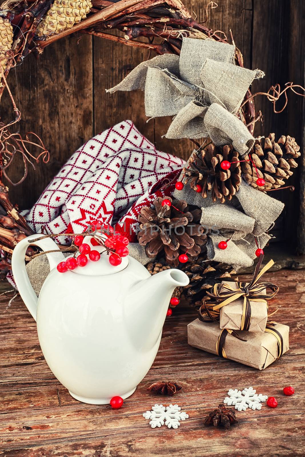 White custard glass teapot with warm scarf in country style