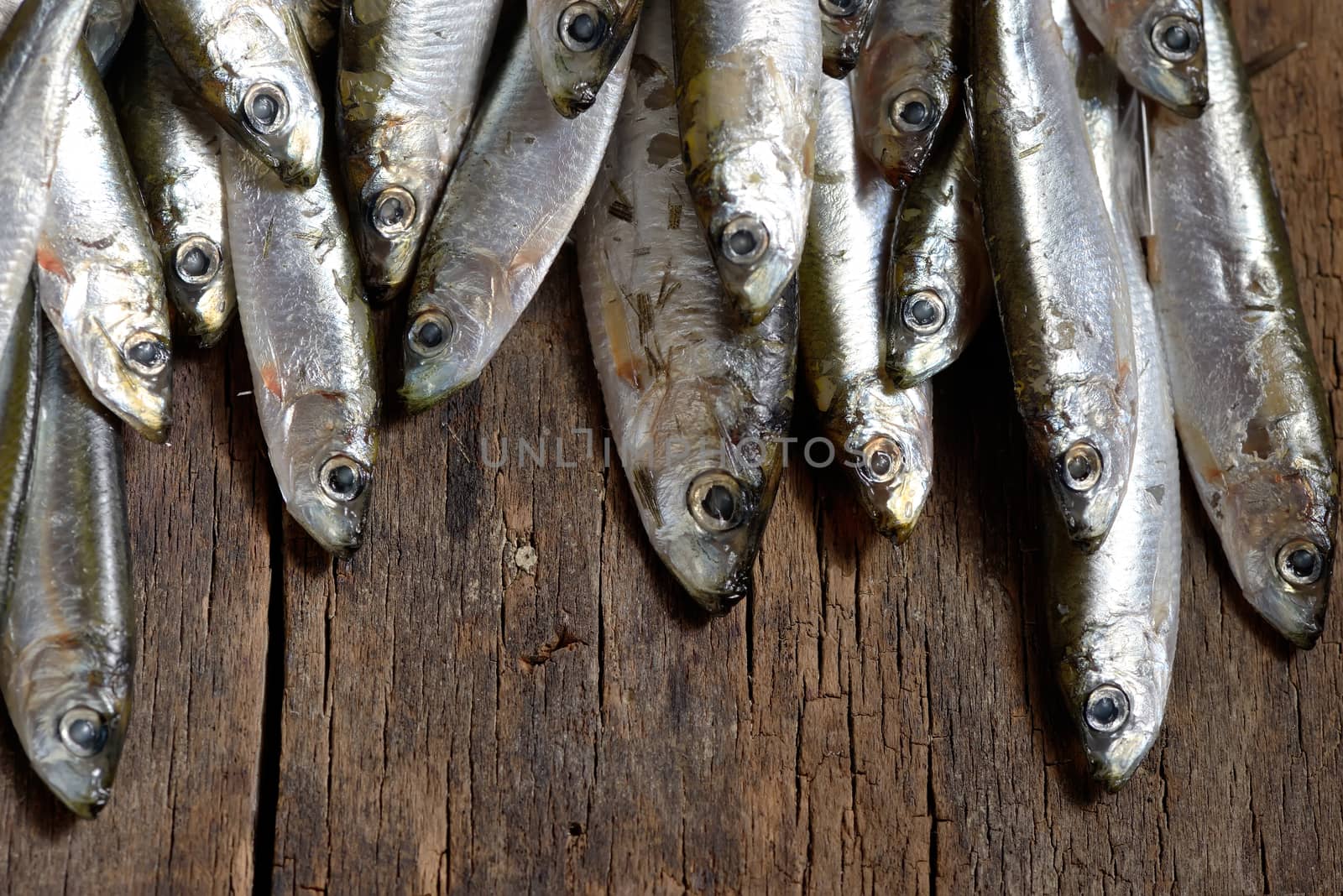 Anchovies (hamsi) on old table wood