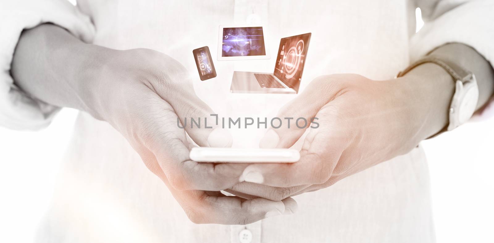 Close up of hipster using his smartphone against abstract technology background