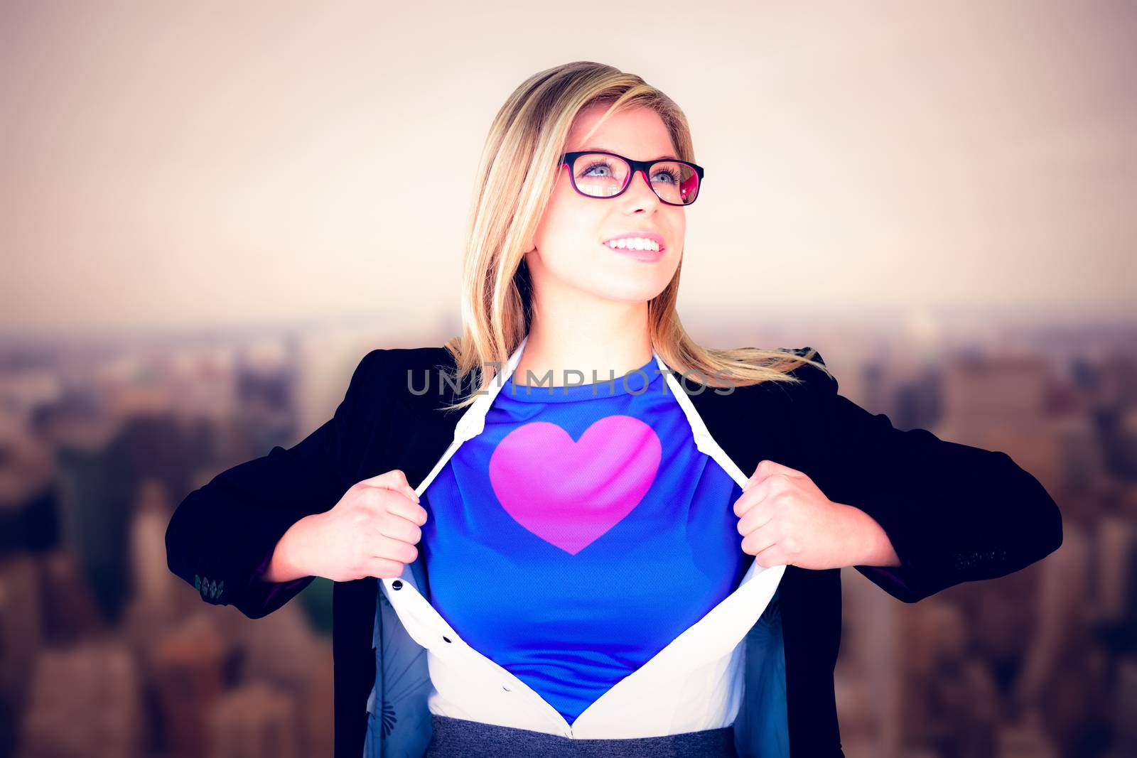 Composite image of businesswoman opening her shirt superhero style by Wavebreakmedia