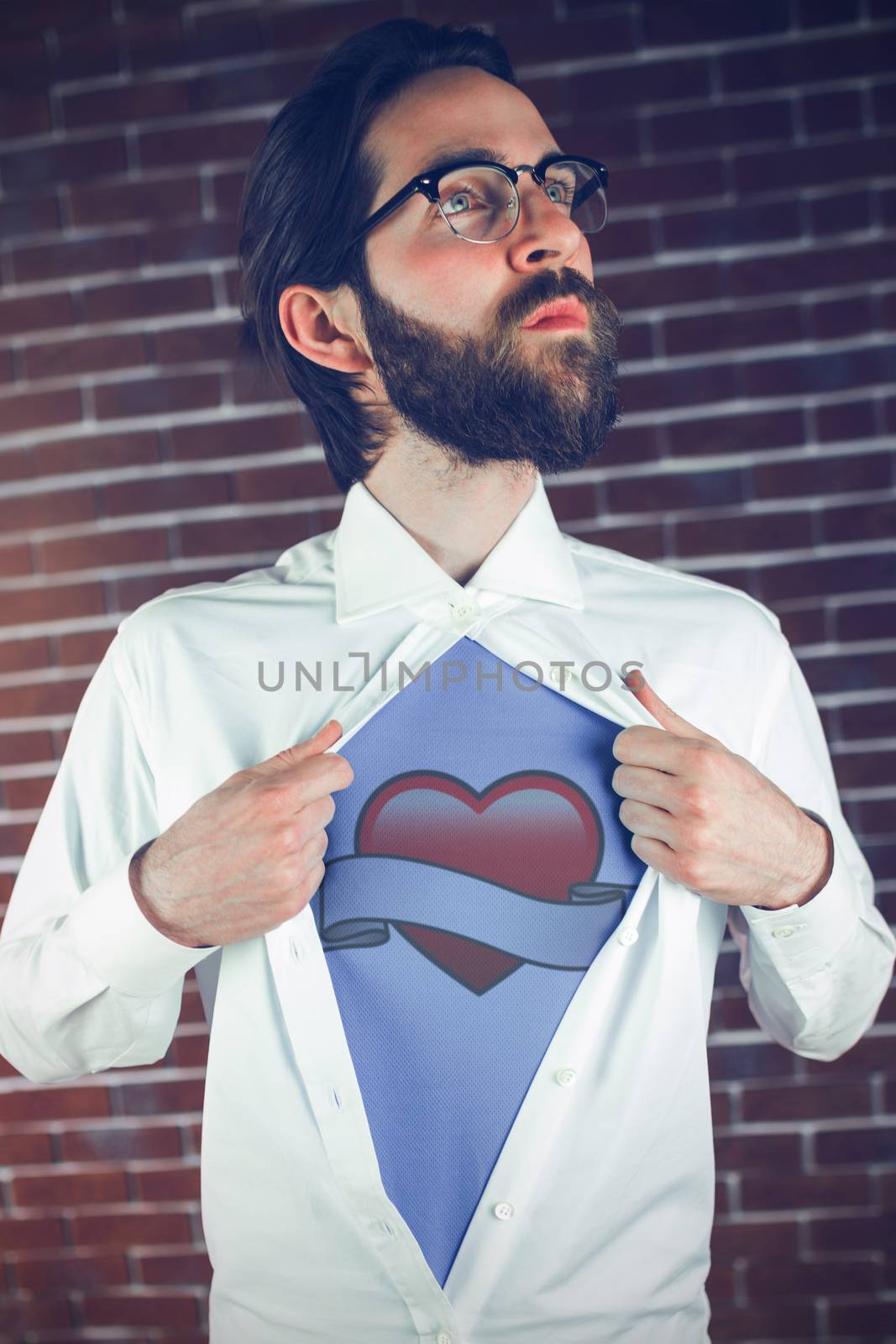 heart with scroll against thoughtful hipster opening shirt in superhero style 
