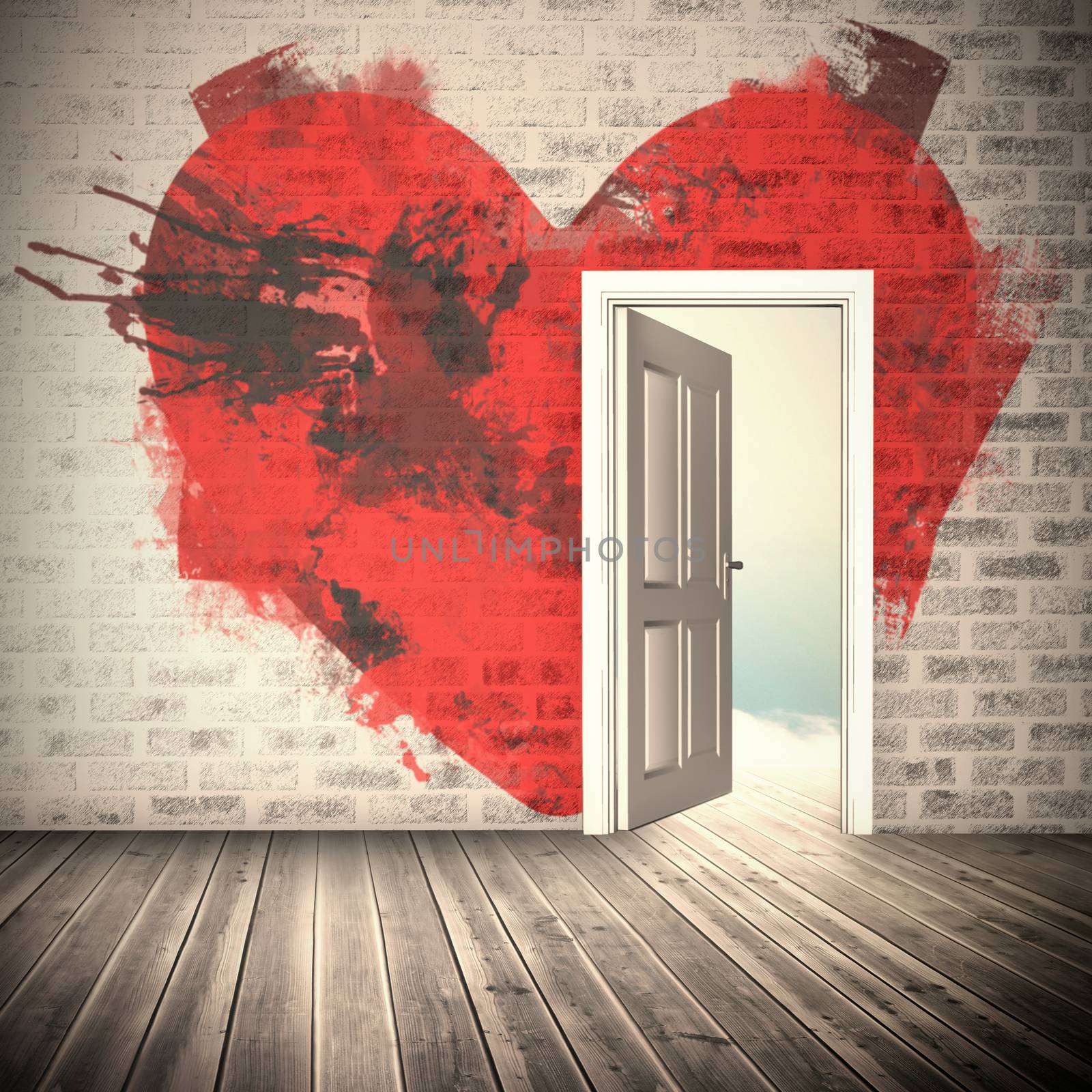 Heart against open door on brick lined wall