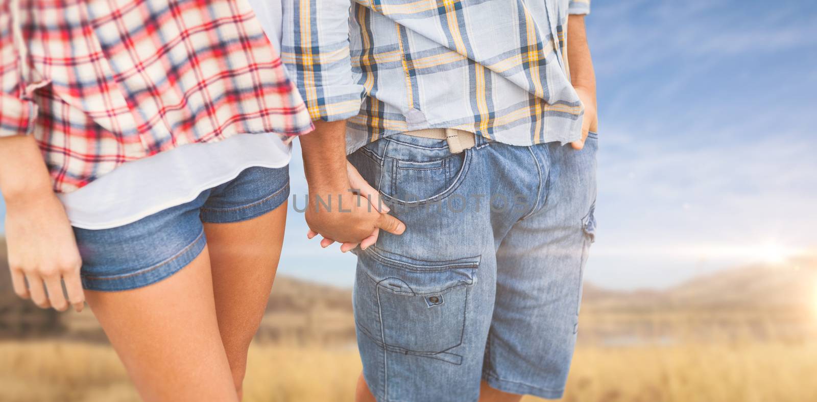 Couple in check shirts and denim holding hands against wheat field
