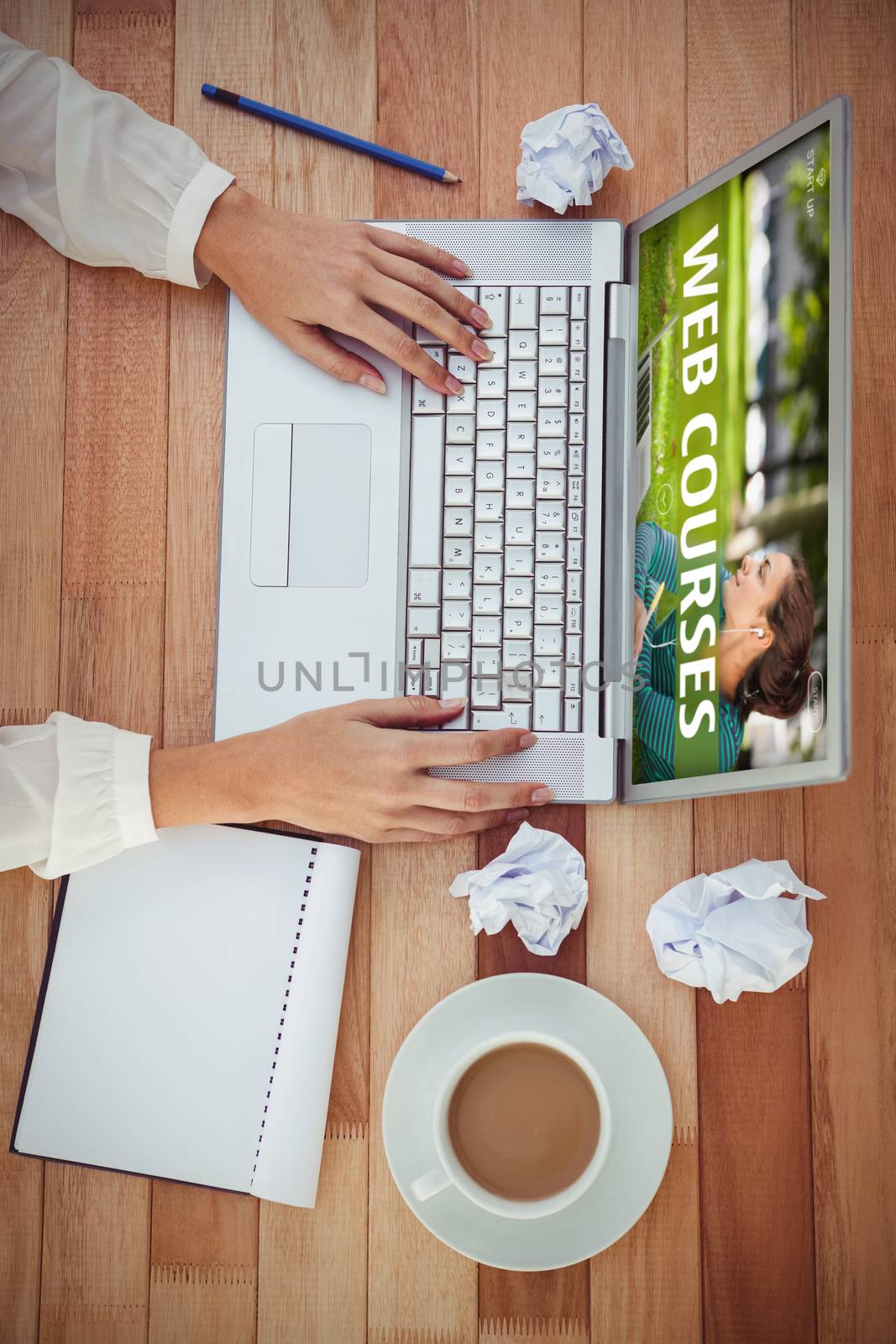 Web course ad against cropped image of woman using laptop