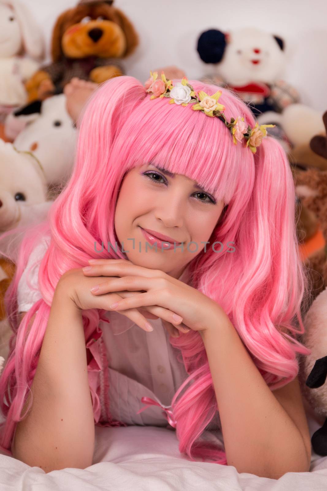 young girl in a bedroom in a pink cute dress by membio