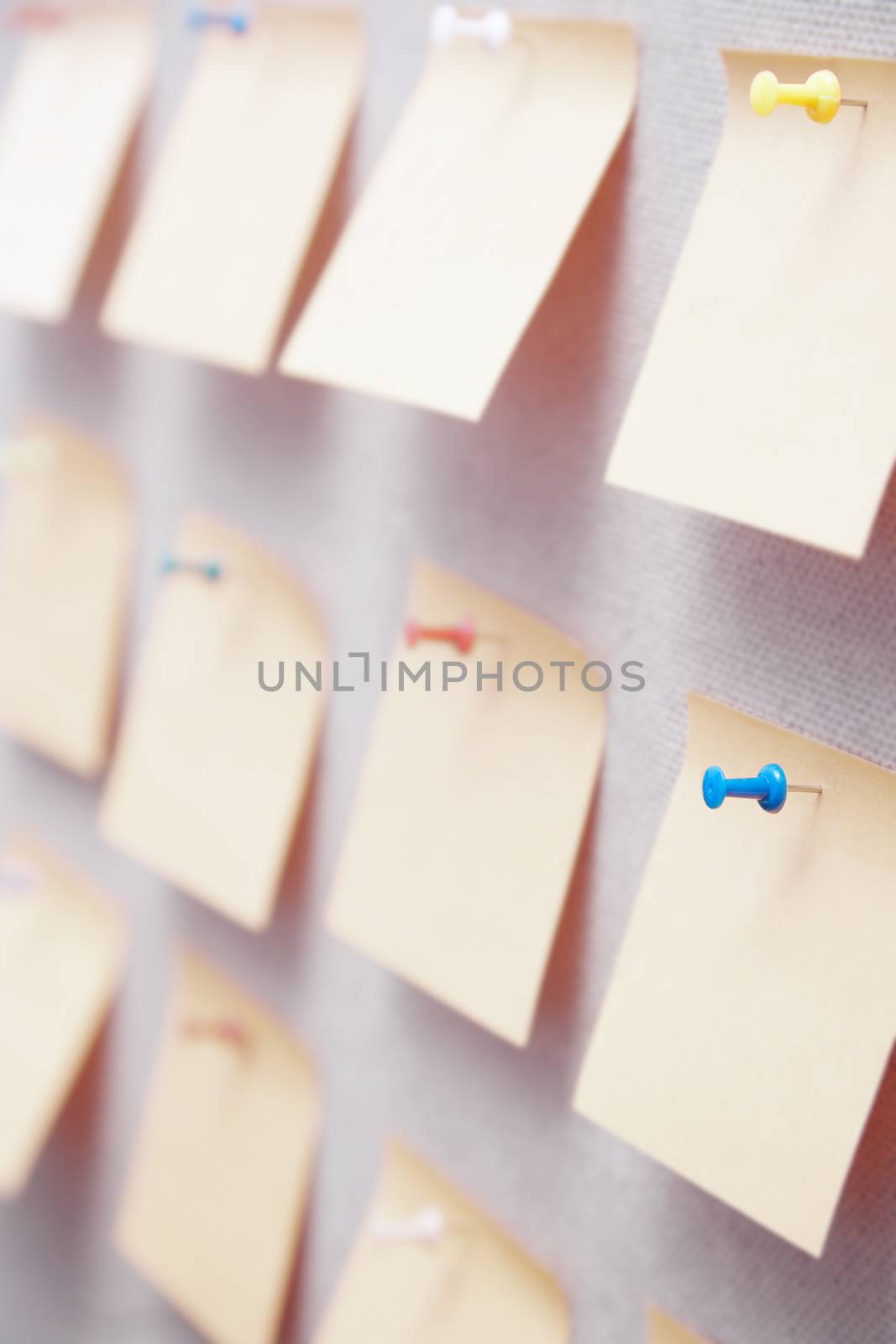 Sticky notes on a bulletin board. Close-up view