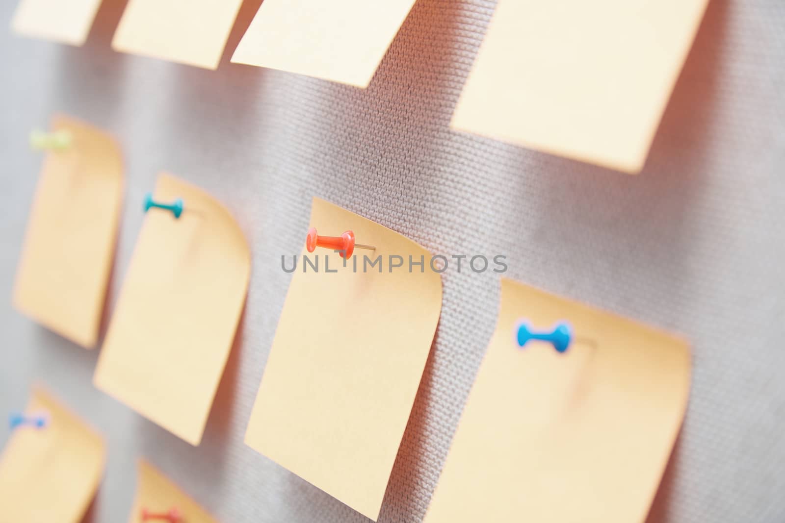 Sticky notes on a bulletin board. Close-up view