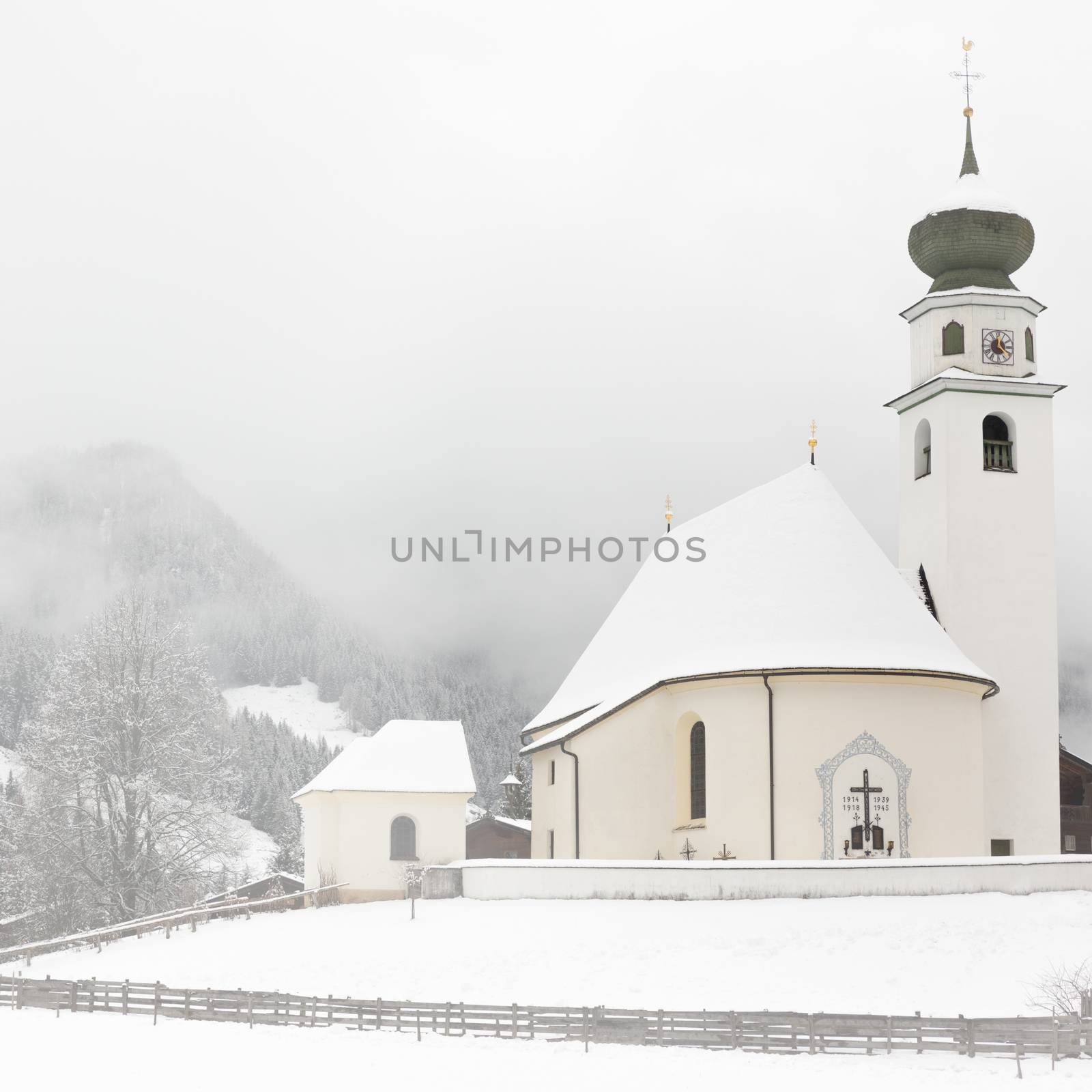 Chapel in Tyrol at wintertime, Wildschonau, Alps, Austria by fisfra