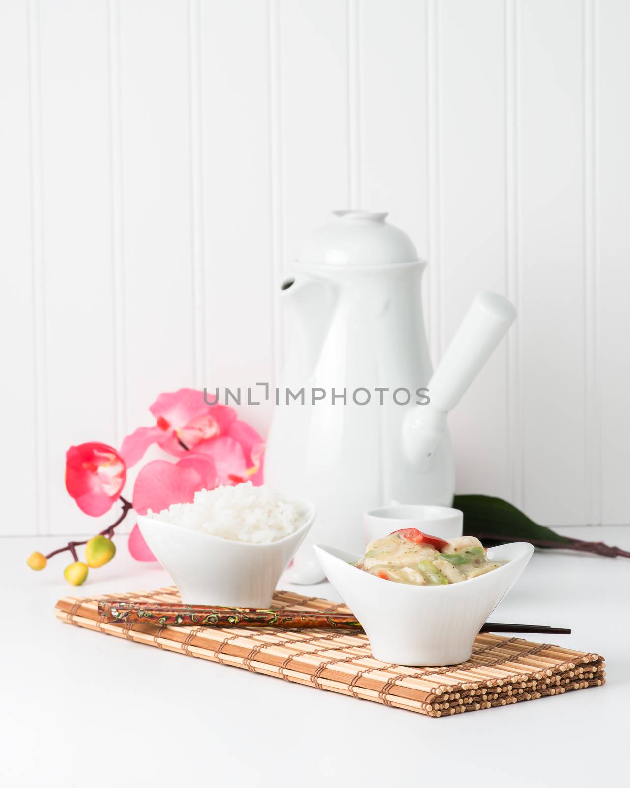 Green curry chicken served with white jasmine rice.